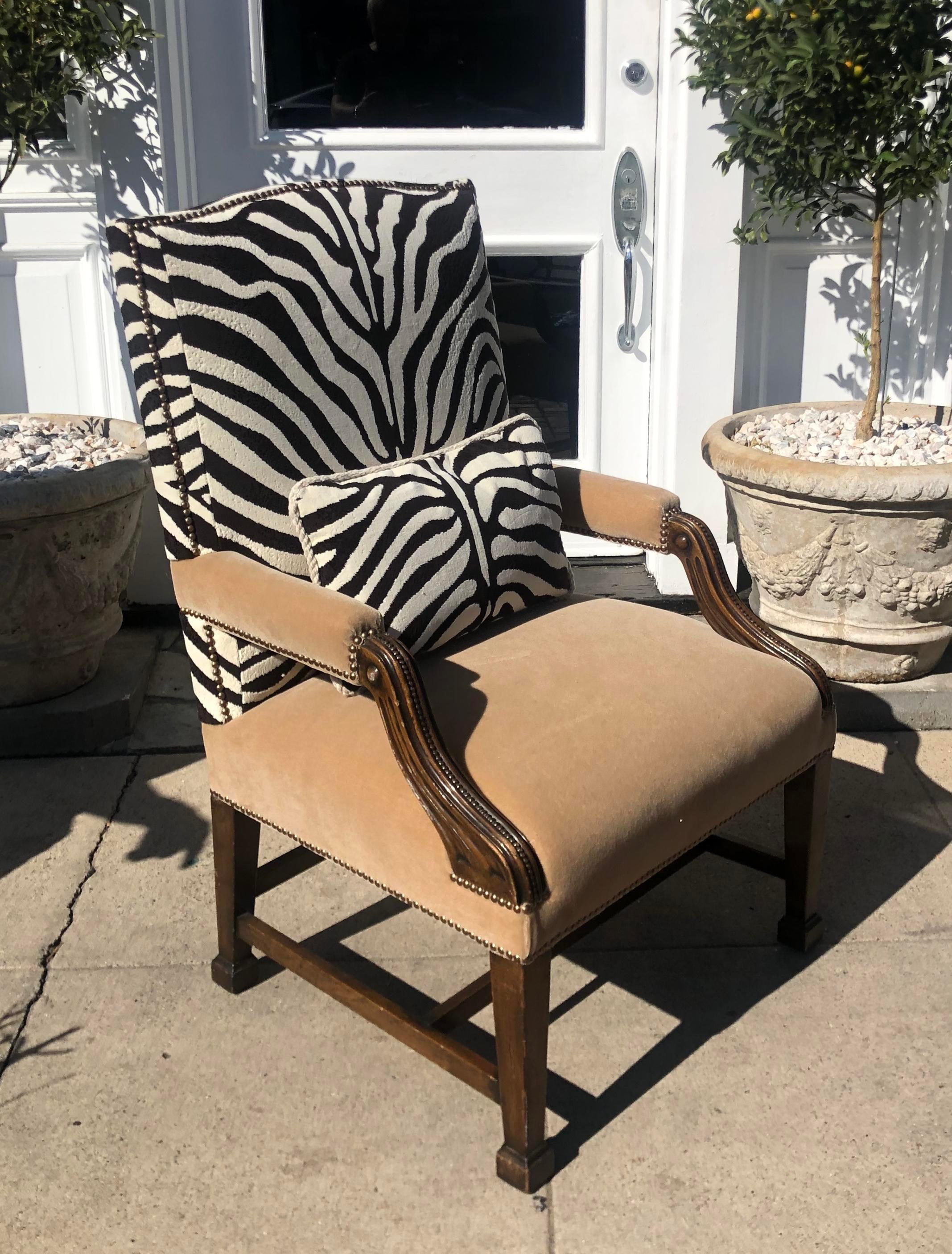 Antique Carved Mahogany Desk Chair, Clarence House Zebra and Mohair In Good Condition In LOS ANGELES, CA