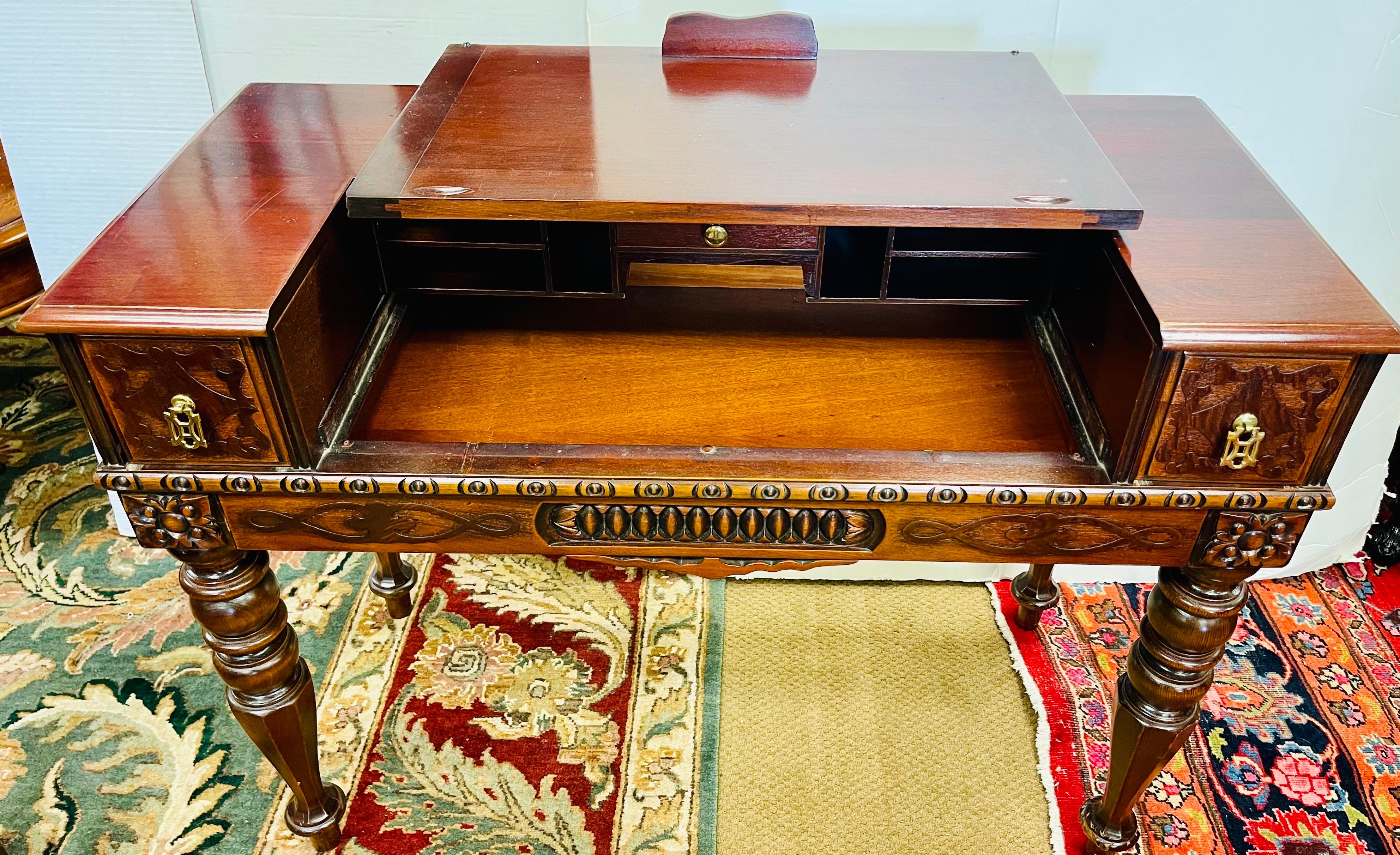 Antique Carved Mahogany Folding Desk Writing Table For Sale 8