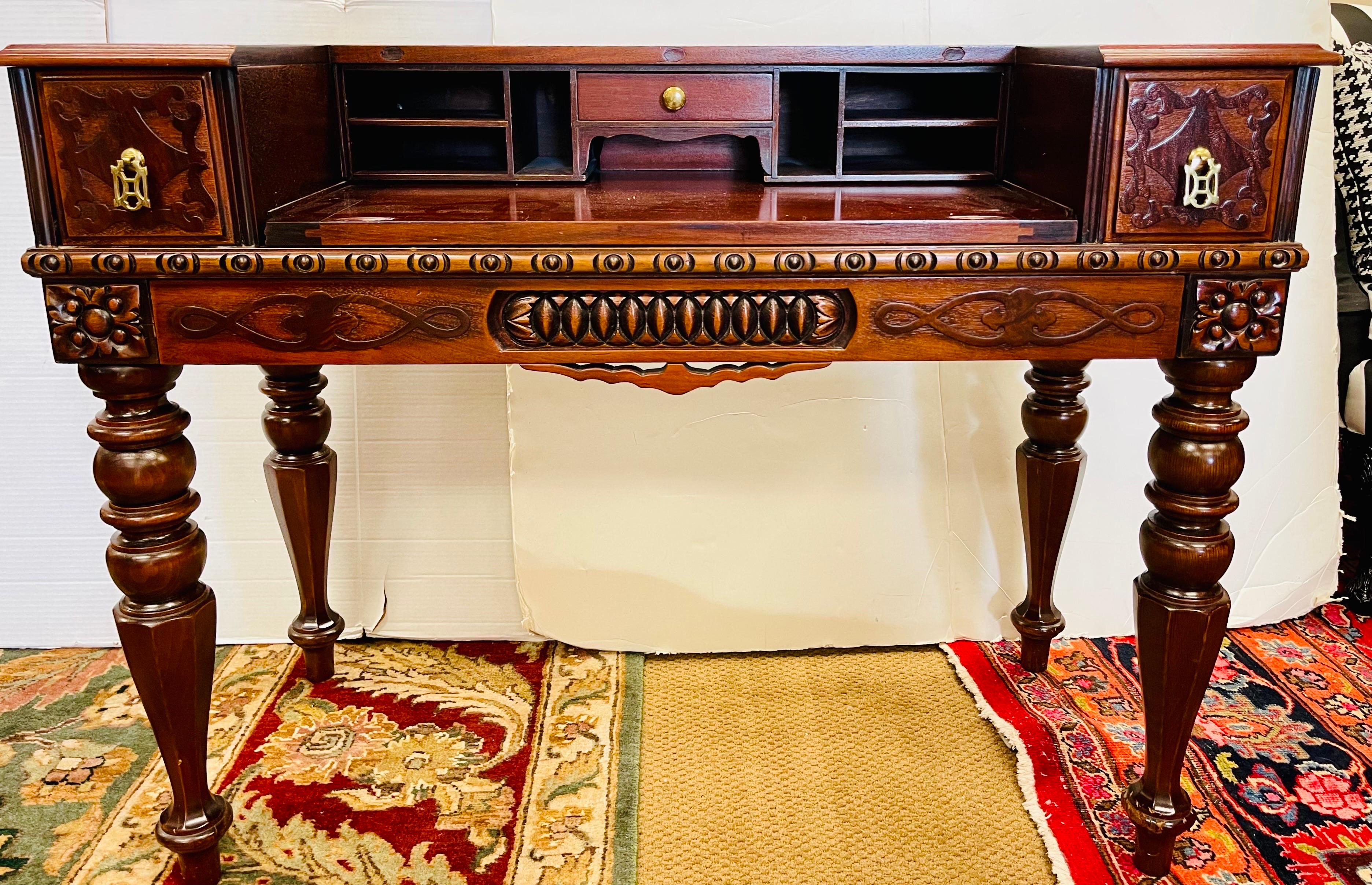 English Antique Carved Mahogany Folding Desk Writing Table For Sale