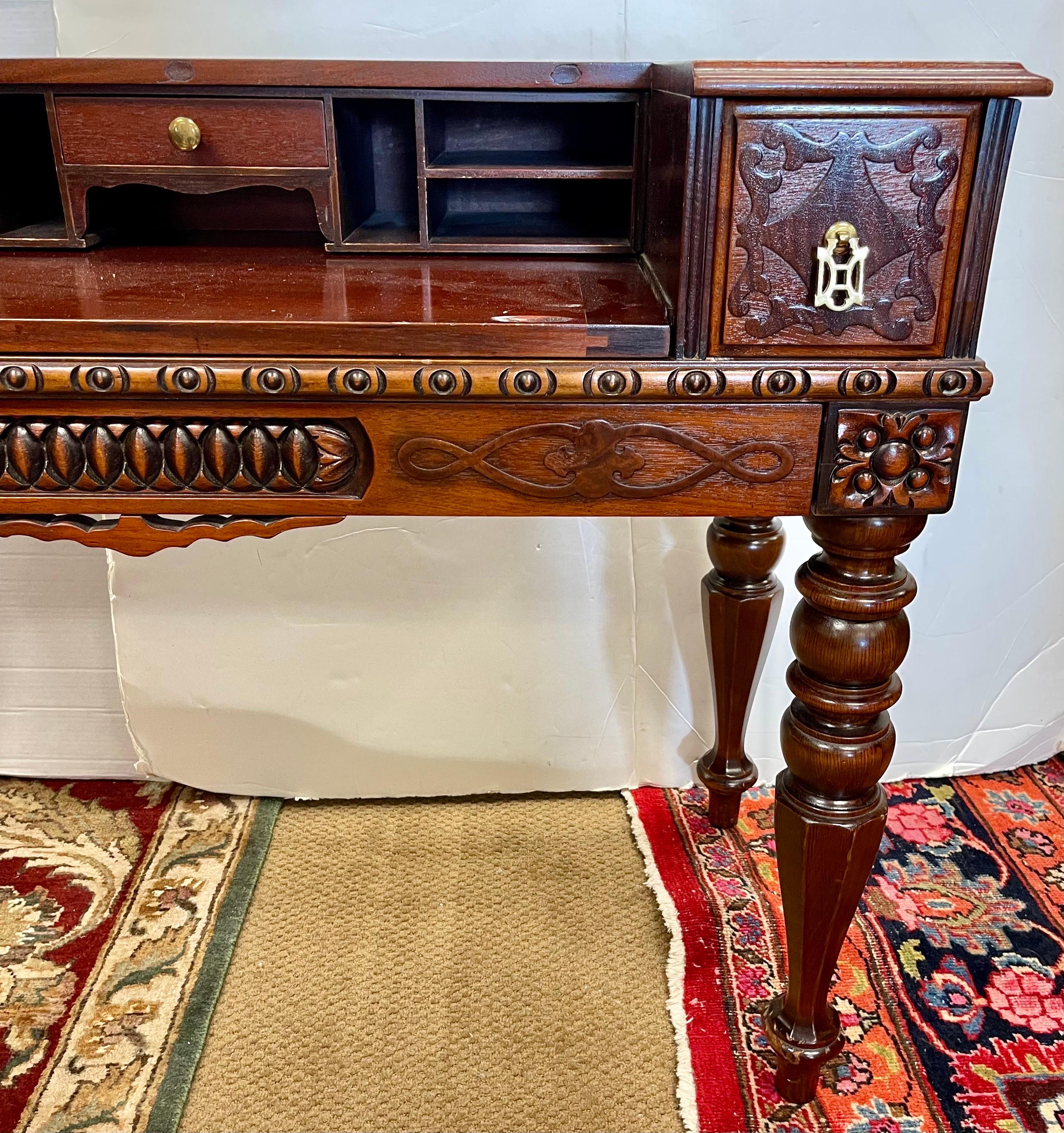 19th Century Antique Carved Mahogany Folding Desk Writing Table For Sale