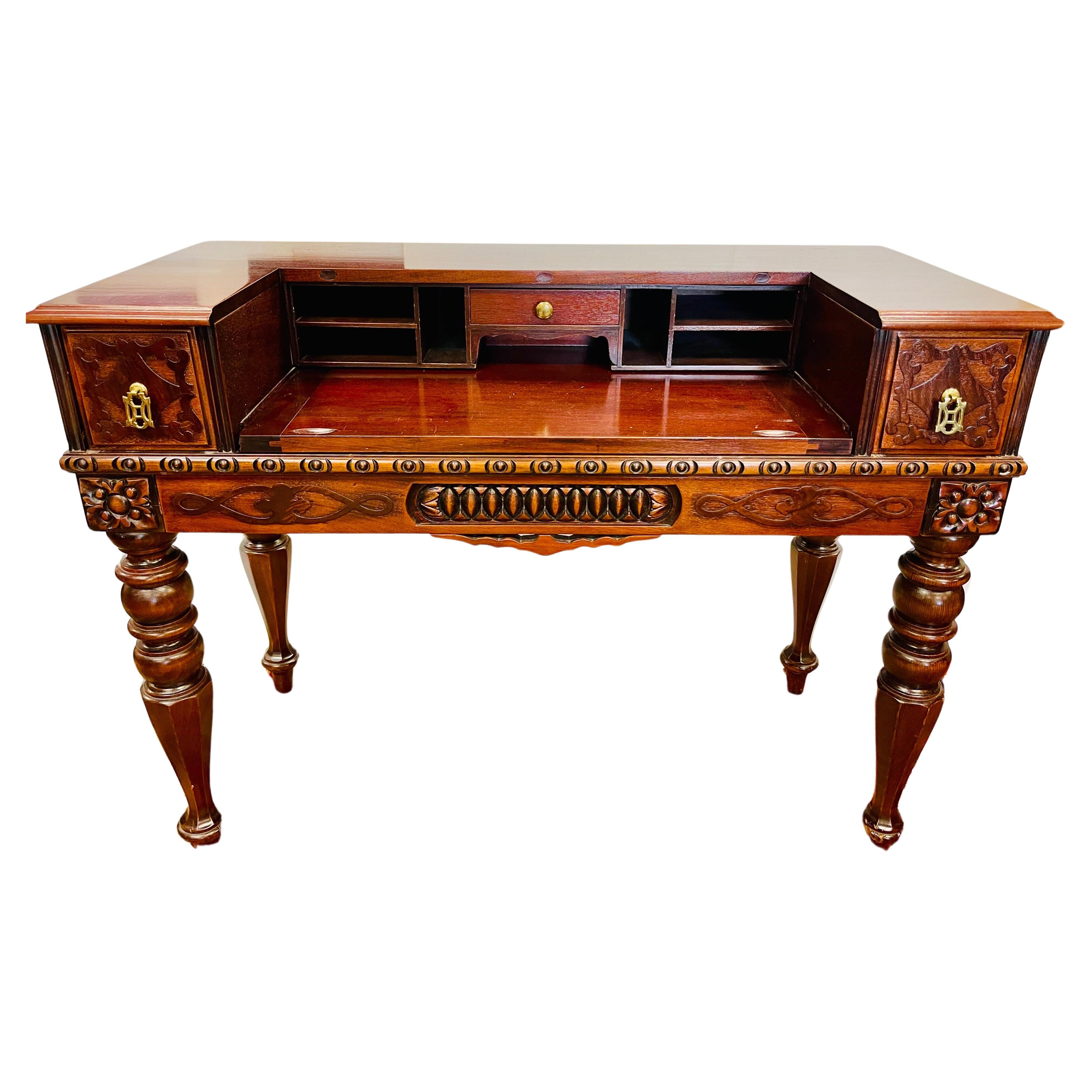 Antique Carved Mahogany Folding Desk Writing Table