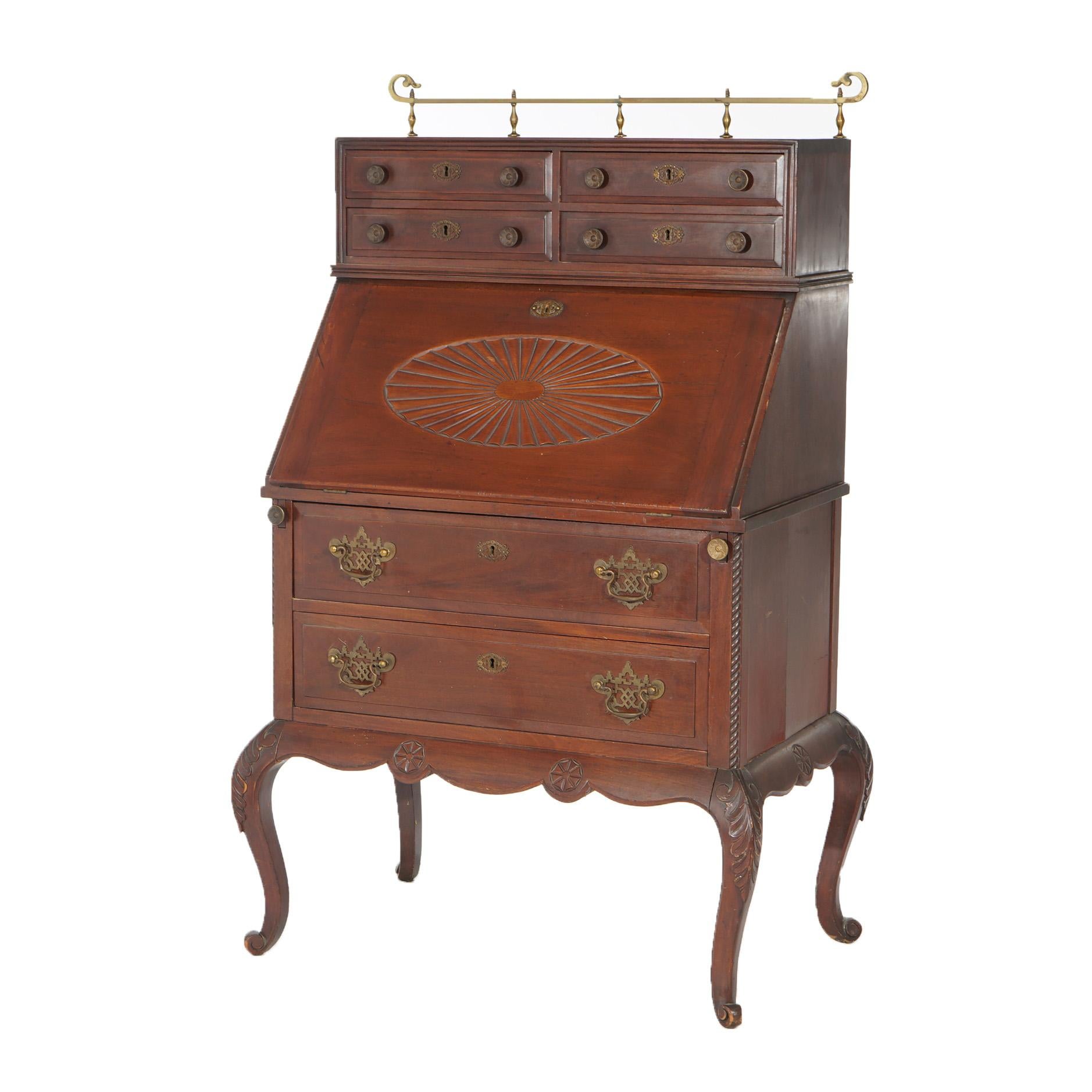 Antique Carved Mahogany Drop-Front Secretary with Brass Gallery, circa 1910 For Sale 7