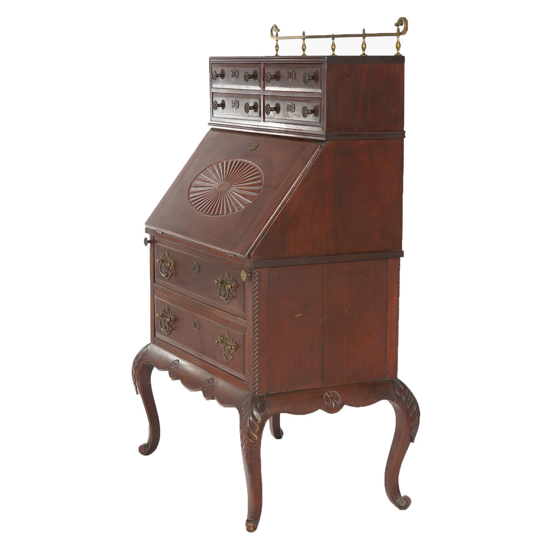 Antique Carved Mahogany Drop-Front Secretary with Brass Gallery, circa 1910 For Sale 10