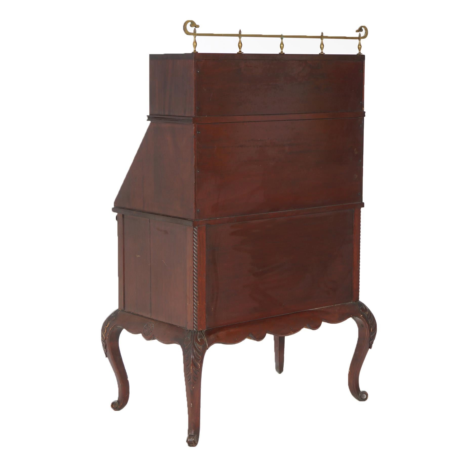 Antique Carved Mahogany Drop-Front Secretary with Brass Gallery, circa 1910 For Sale 12