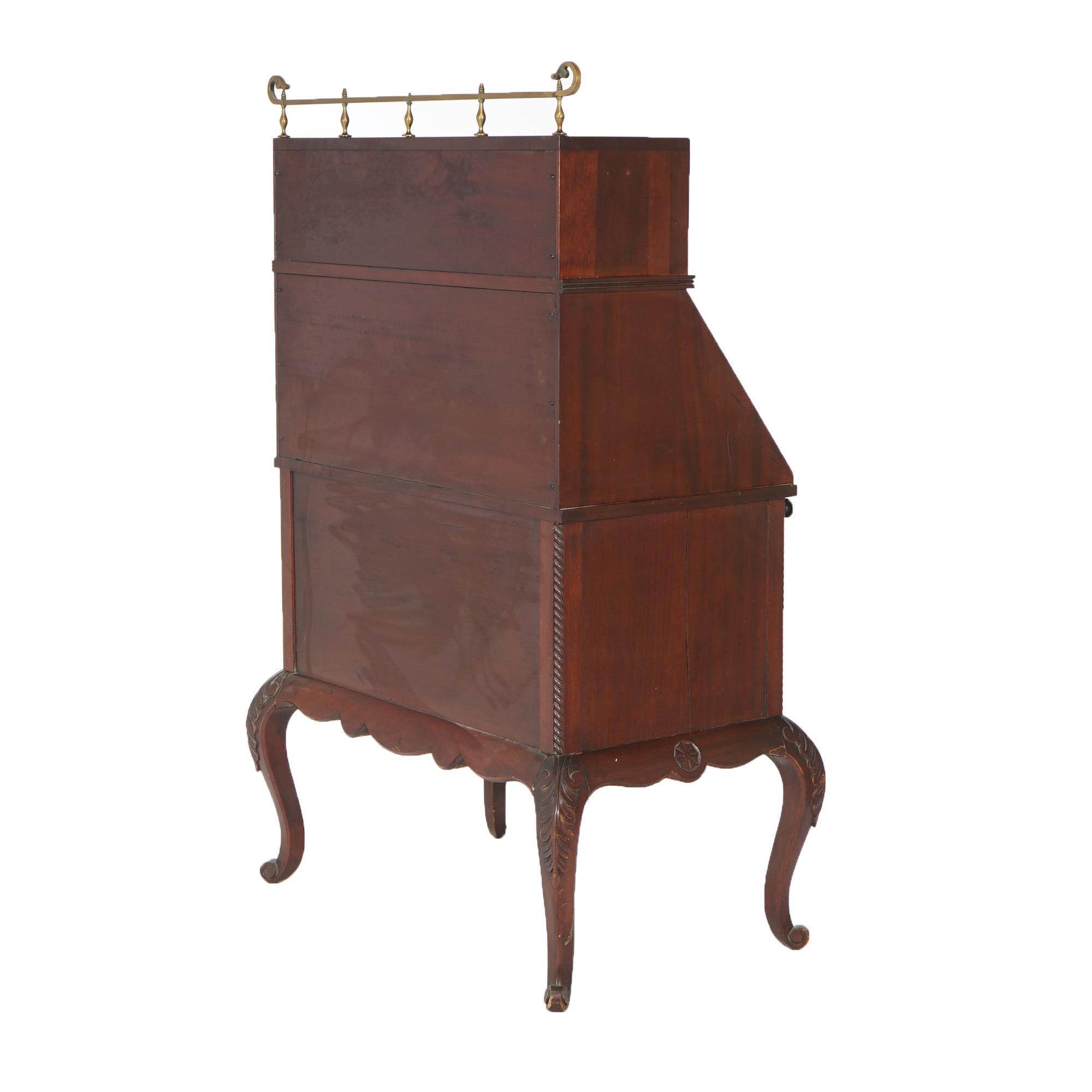 Antique Carved Mahogany Drop-Front Secretary with Brass Gallery, circa 1910 For Sale 13