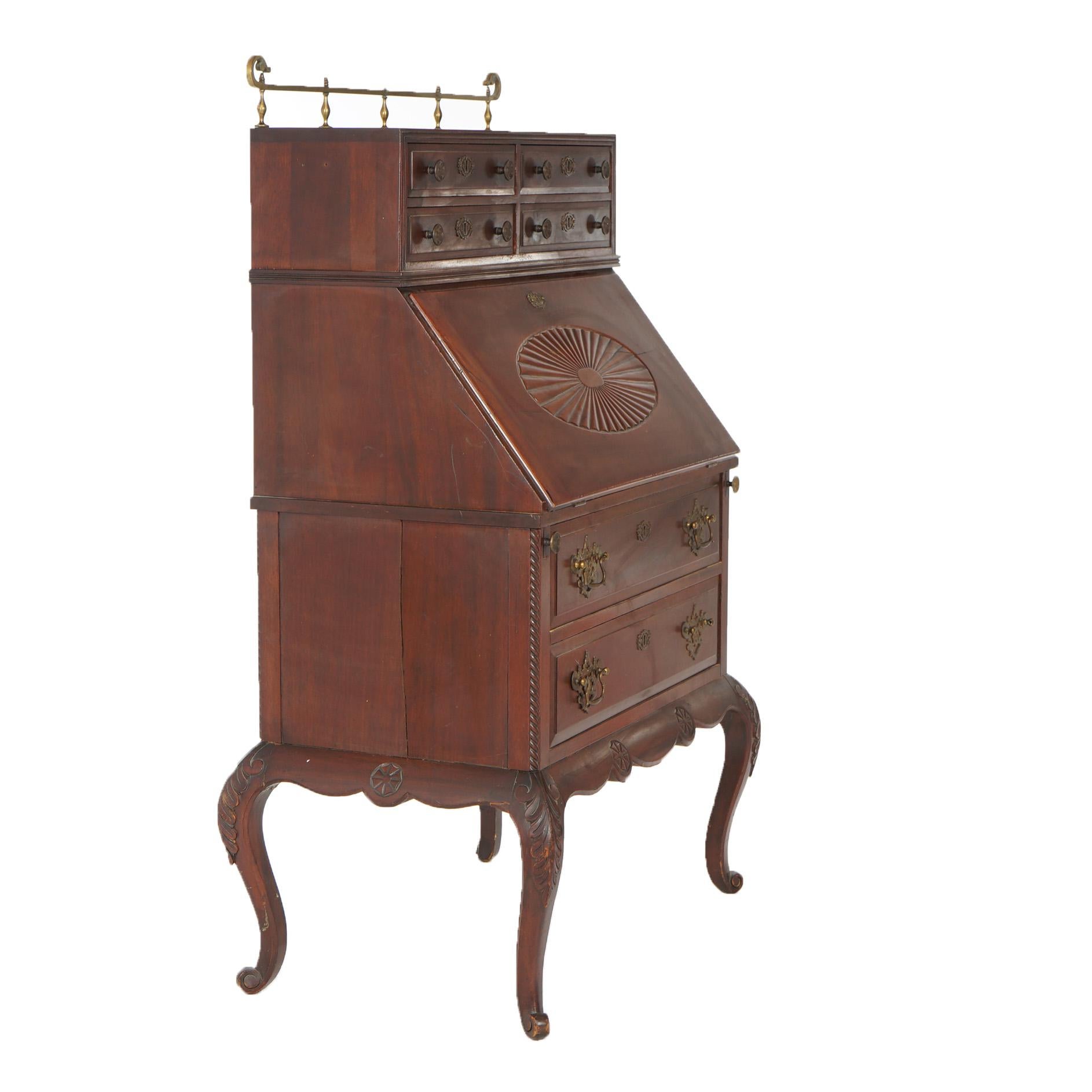 Antique Carved Mahogany Drop-Front Secretary with Brass Gallery, circa 1910 For Sale 15