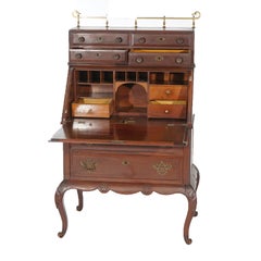 Antique Carved Mahogany Drop-Front Secretary with Brass Gallery, circa 1910