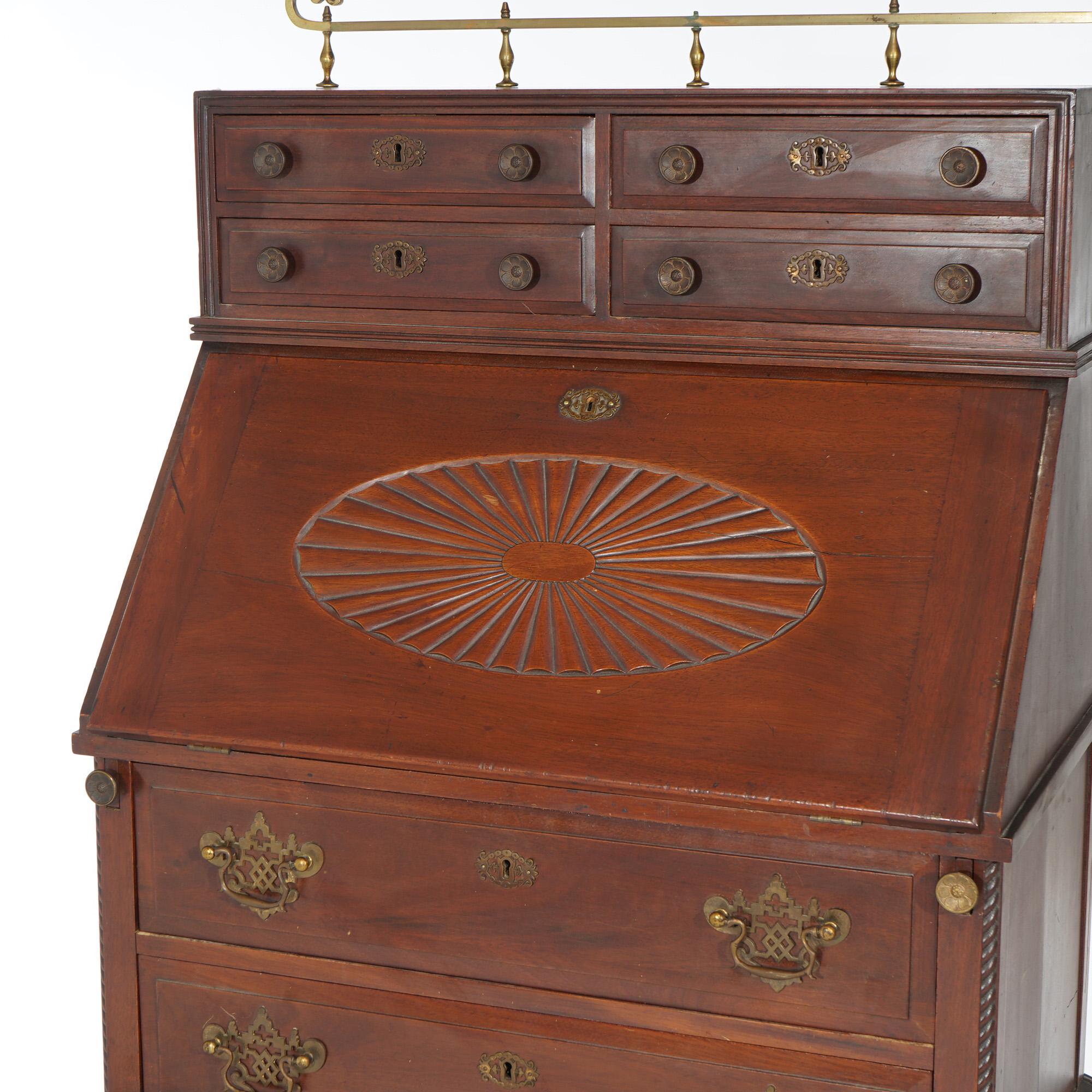 Antique Carved Mahogany Drop-Front Secretary with Brass Gallery, circa 1910 In Good Condition For Sale In Big Flats, NY