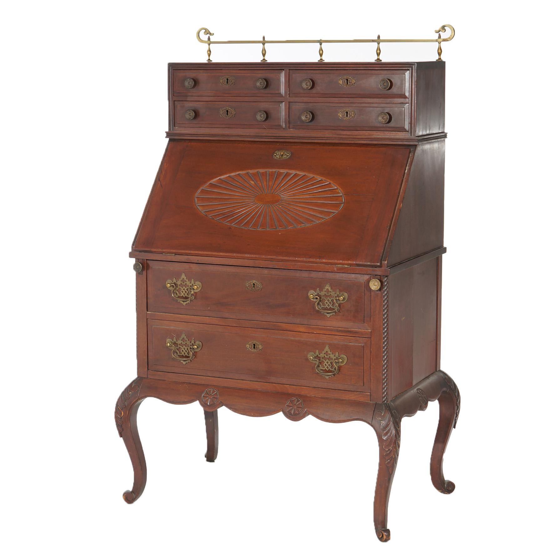 20th Century Antique Carved Mahogany Drop-Front Secretary with Brass Gallery, circa 1910 For Sale
