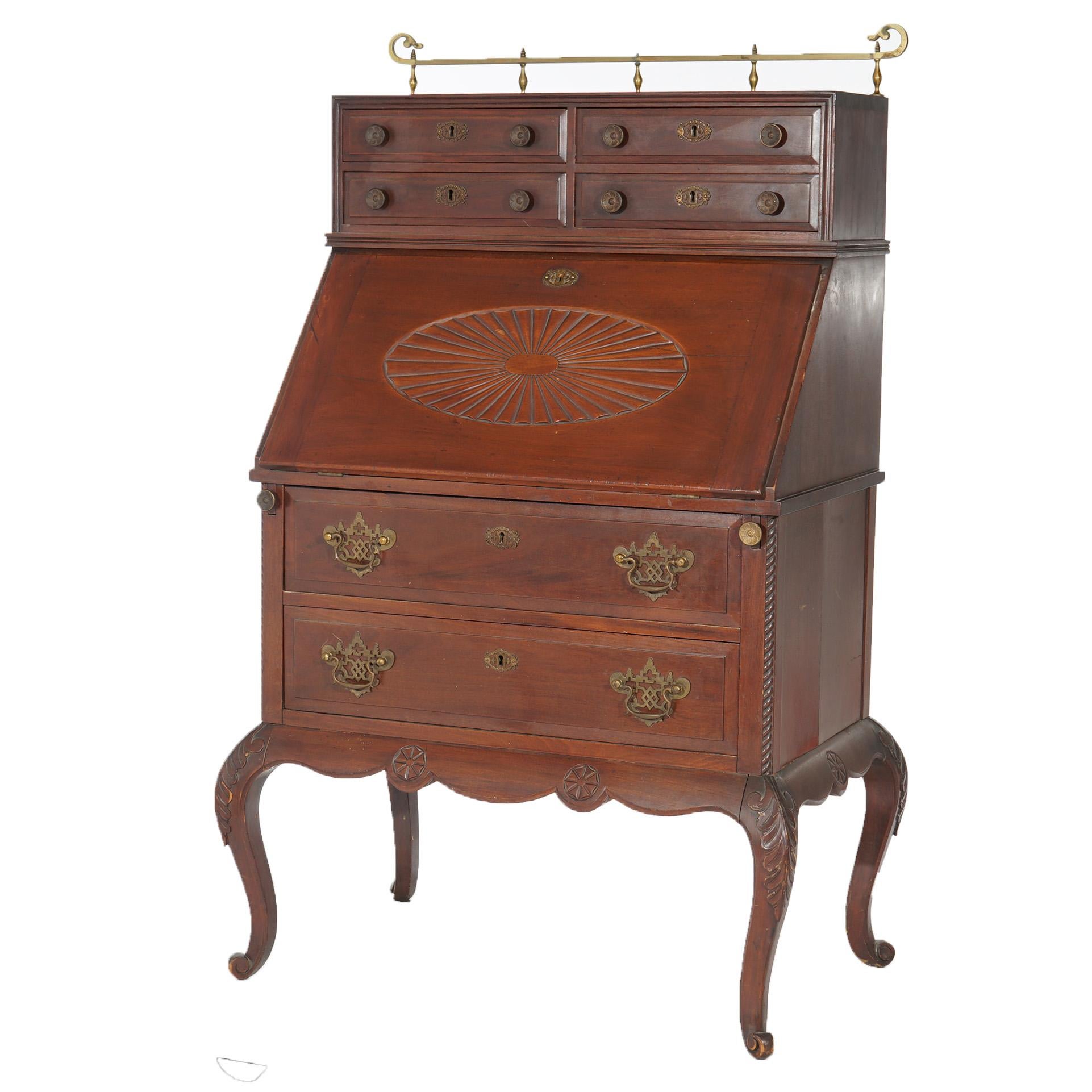 Antique Carved Mahogany Drop-Front Secretary with Brass Gallery, circa 1910 For Sale 2