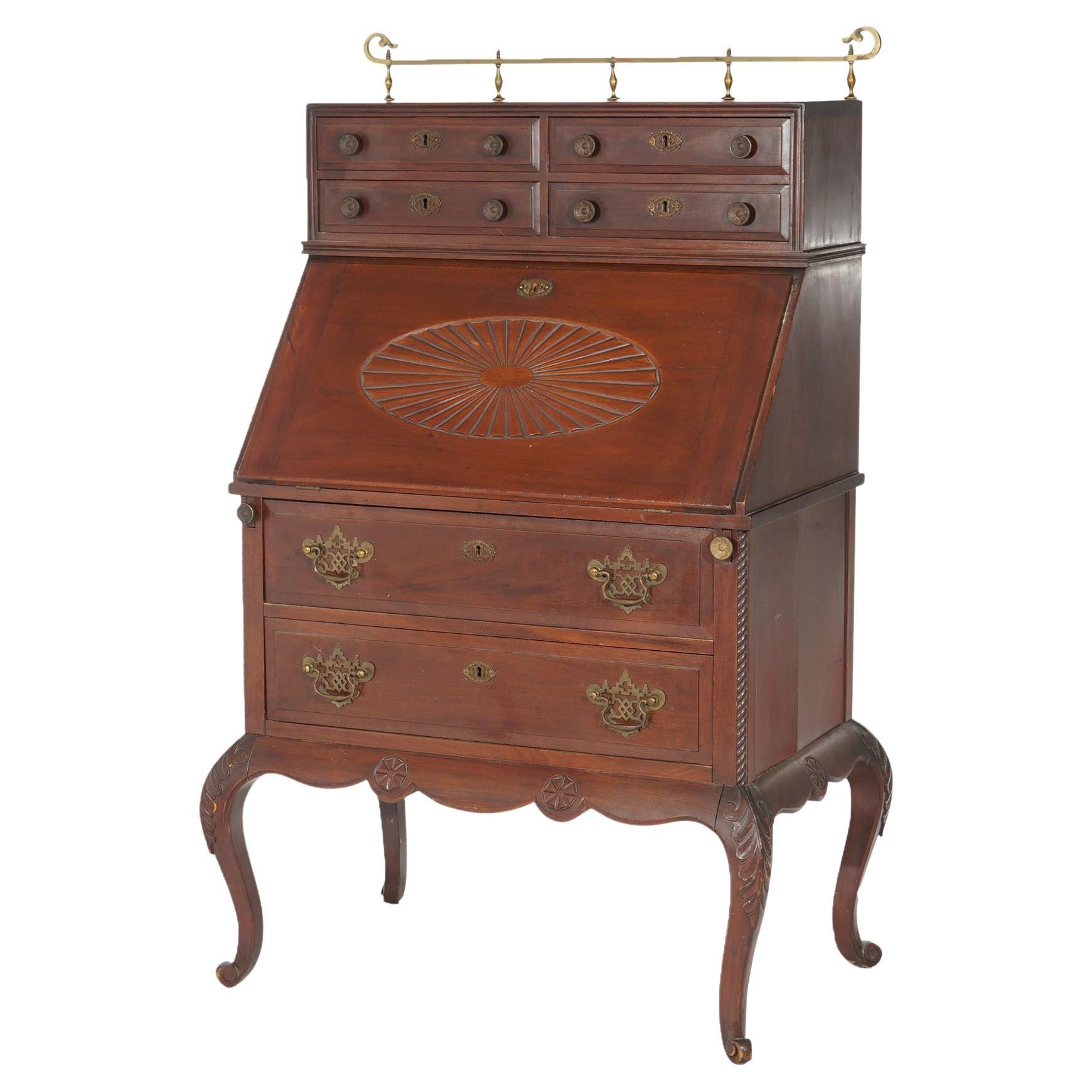 Antique Carved Mahogany Drop-Front Secretary with Brass Gallery, circa 1910 For Sale