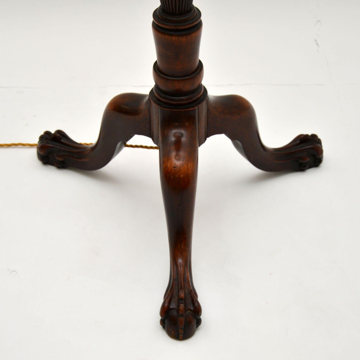 English Antique Carved Mahogany Floor Lamp with Needlepoint Shade