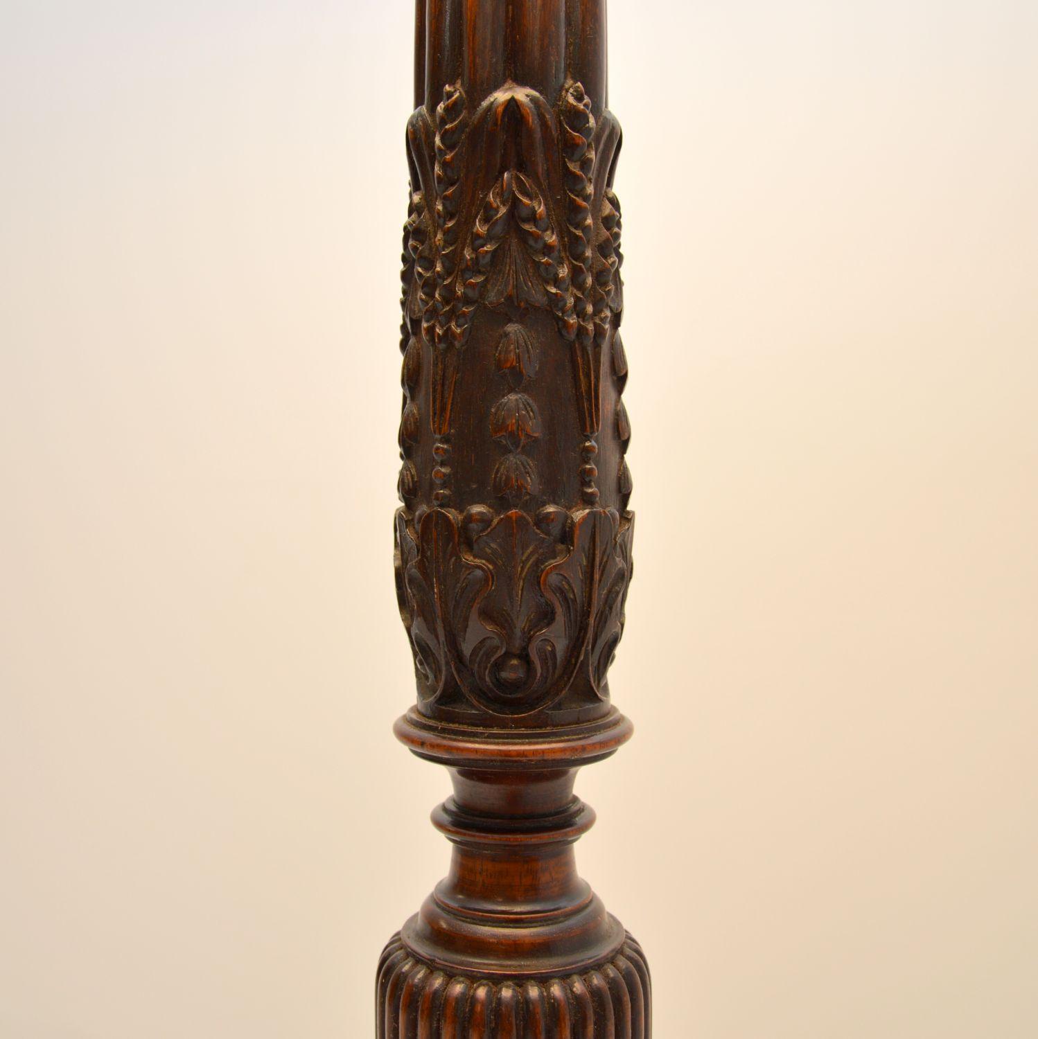 20th Century Antique Carved Mahogany Floor Lamp with Needlepoint Shade