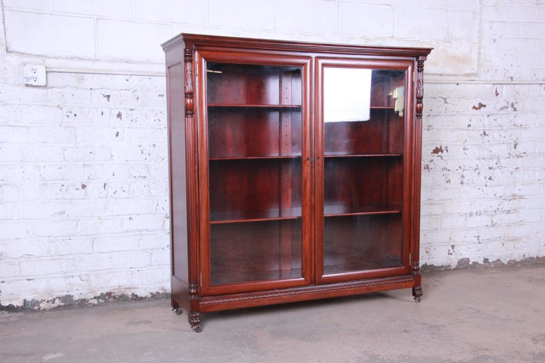 Antique Carved Mahogany Glass Front Double Bookcase at 1stDibs