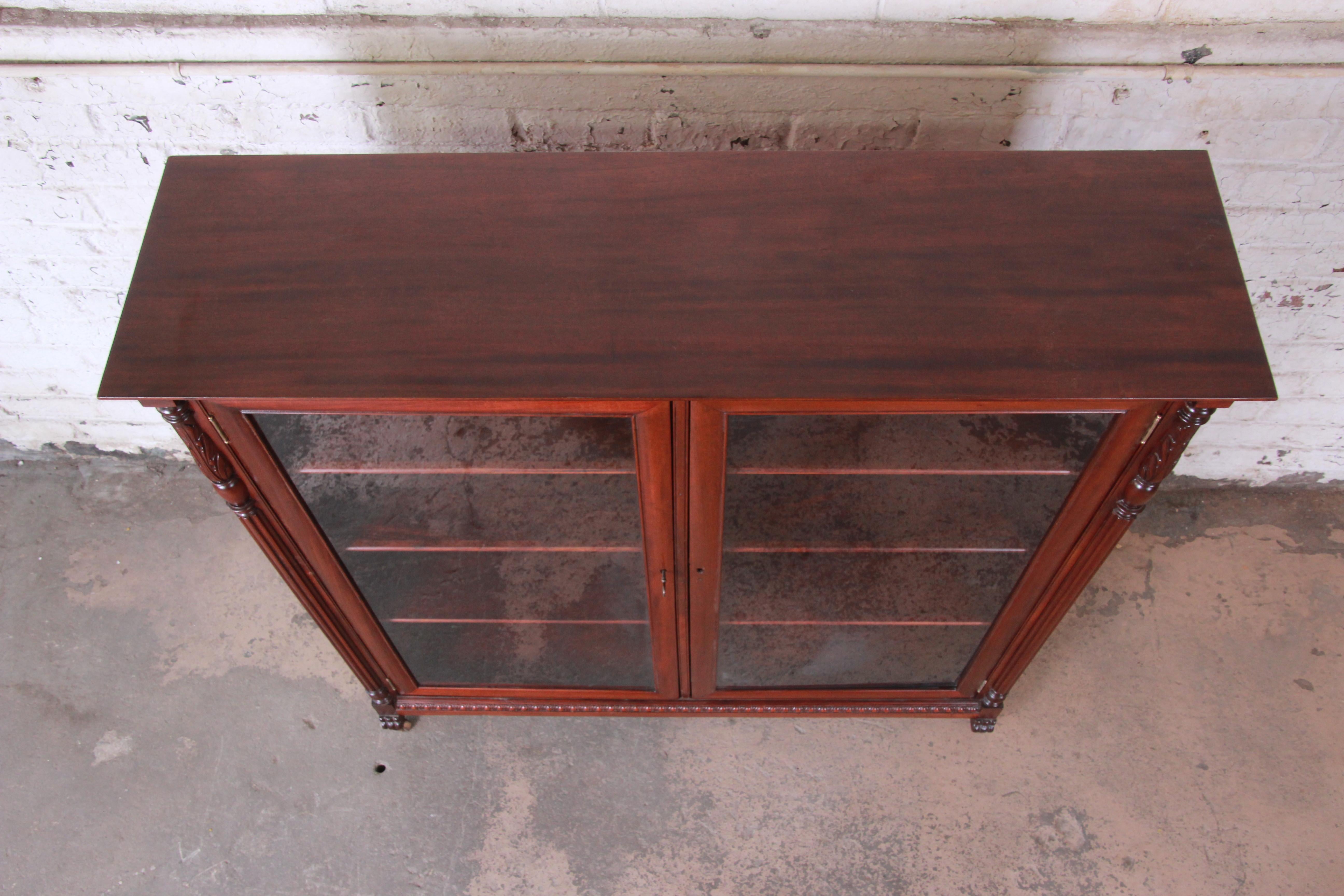 Antique Carved Mahogany Glass Front Double Bookcase In Good Condition In South Bend, IN