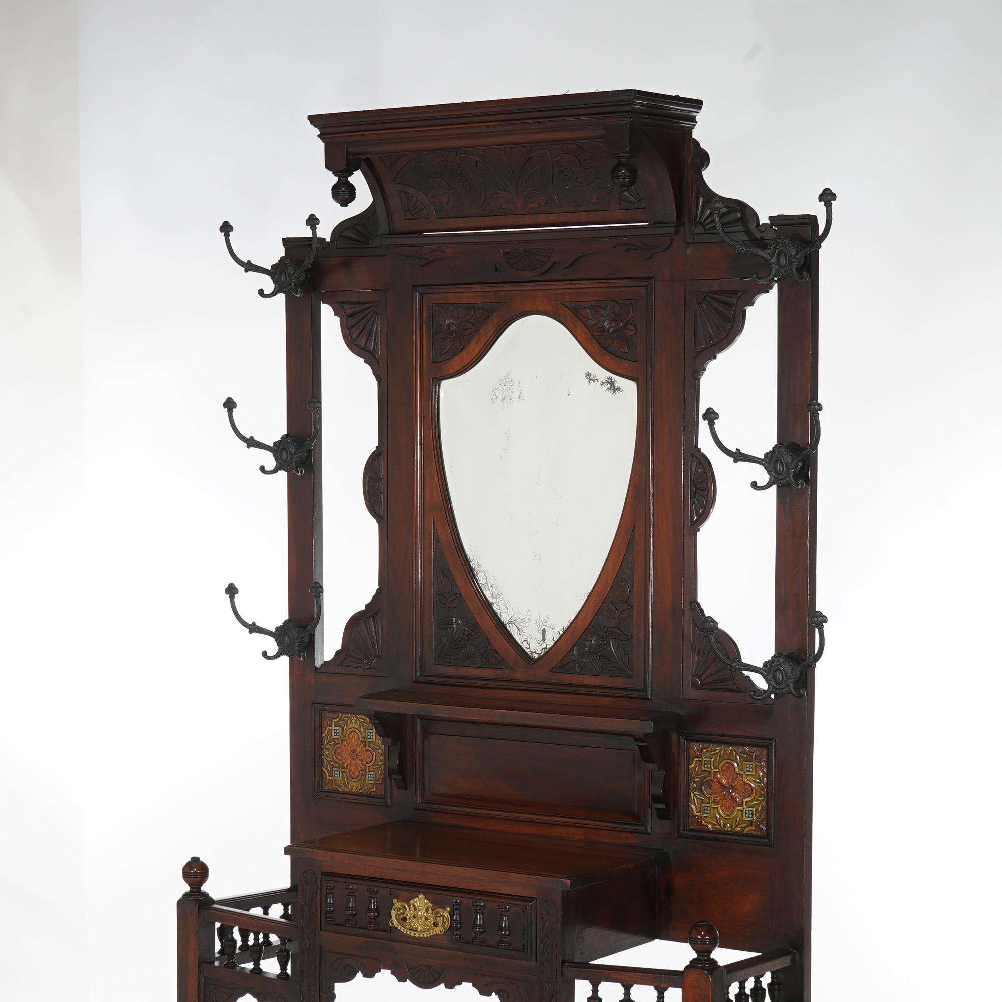Antique Carved Mahogany Hall Tree with Decorative Tile And Mirror C1900 2