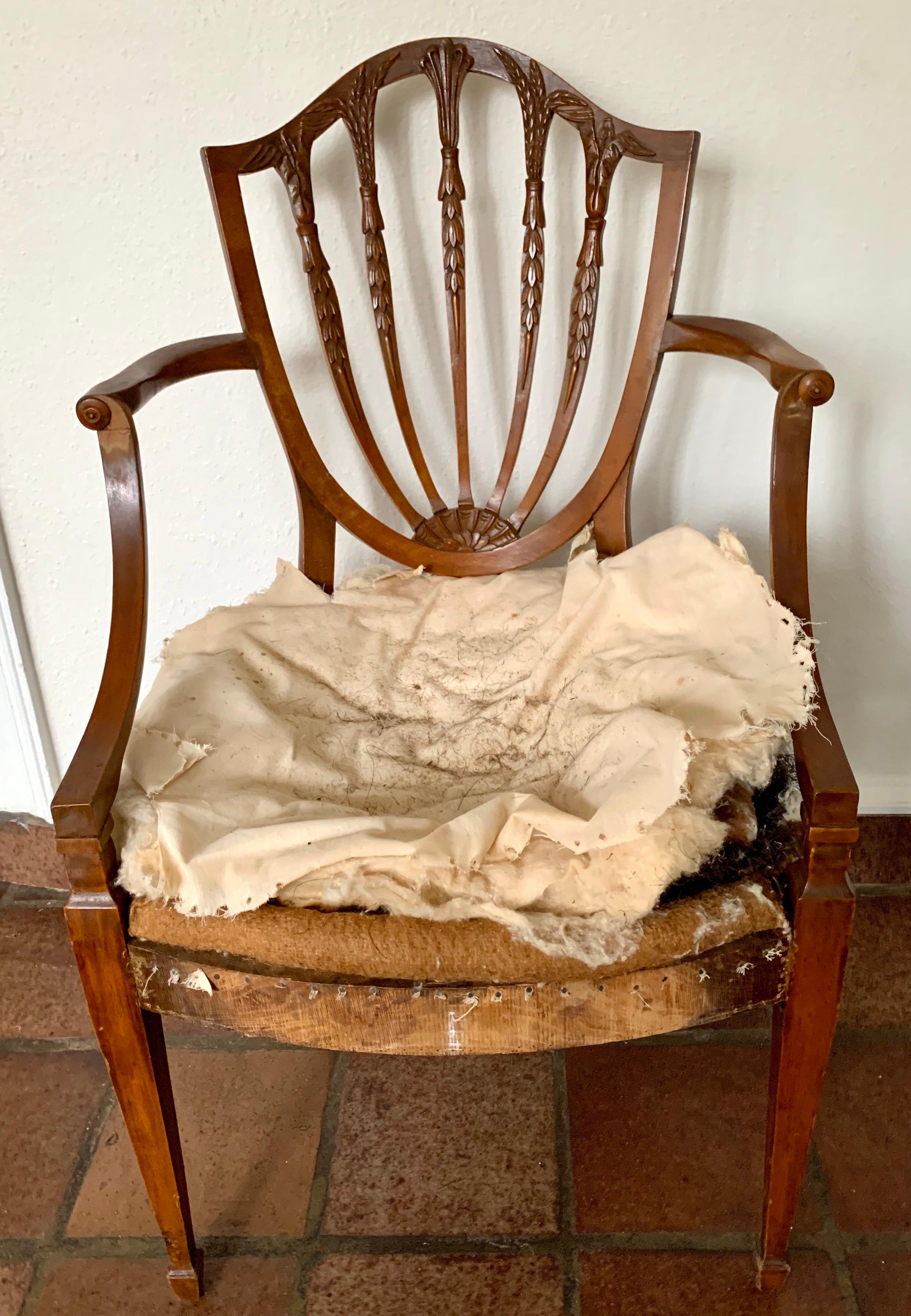 Constructed from quality mahogany with a shield shaped backrest with an intricately carved wheat sheaf design standing on squared tapered legs. Rare Hepplewhite pair of dining chairs, circa 1840s. Being sold ready to reupholster with no seat