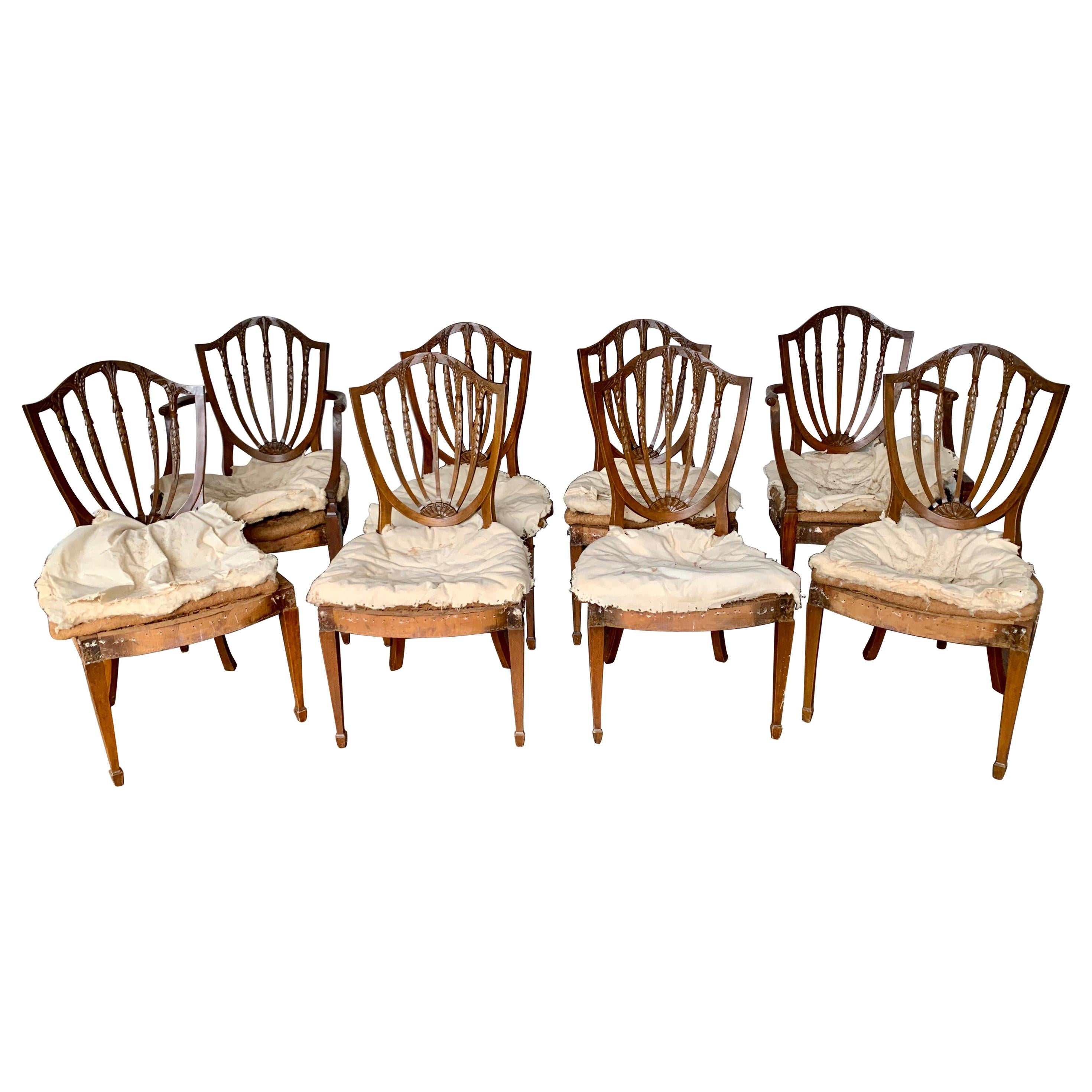 Antique Carved Mahogany Hepplewhite Wheat Shield Back Dining Chairs, circa 1840s