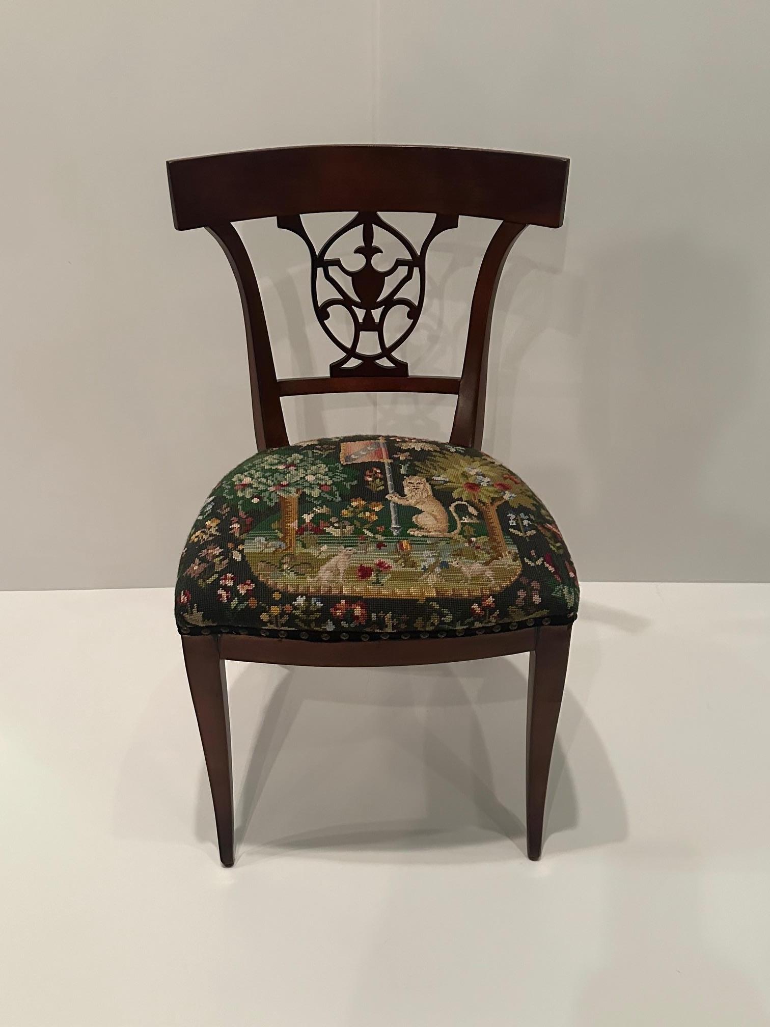 Tapestry Antique Carved Mahogany Regency Style Side Chair For Sale