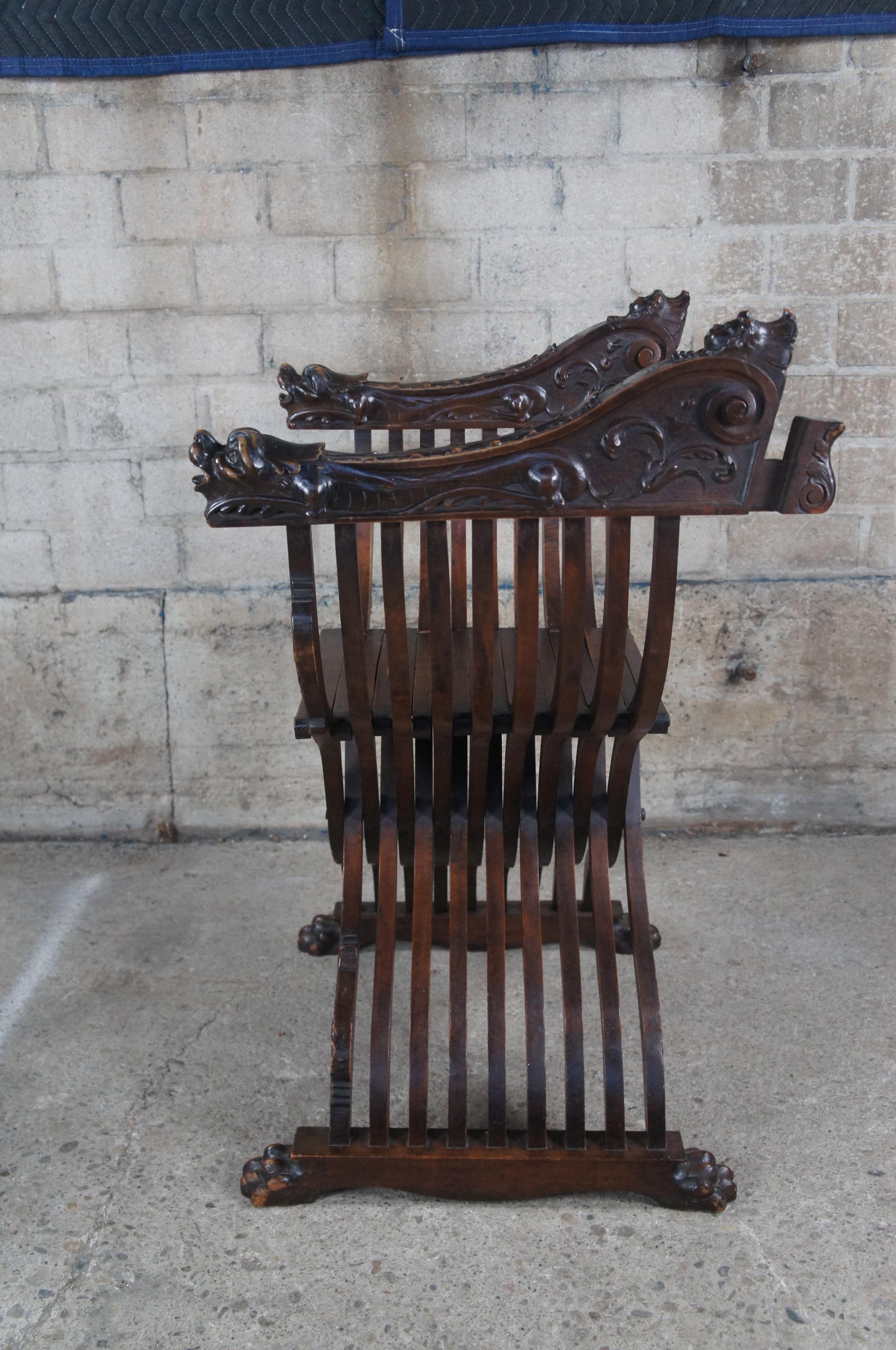Antique Carved Mahogany Savonarola Folding X Figural Dragon Throne Arm Chair Sea 5