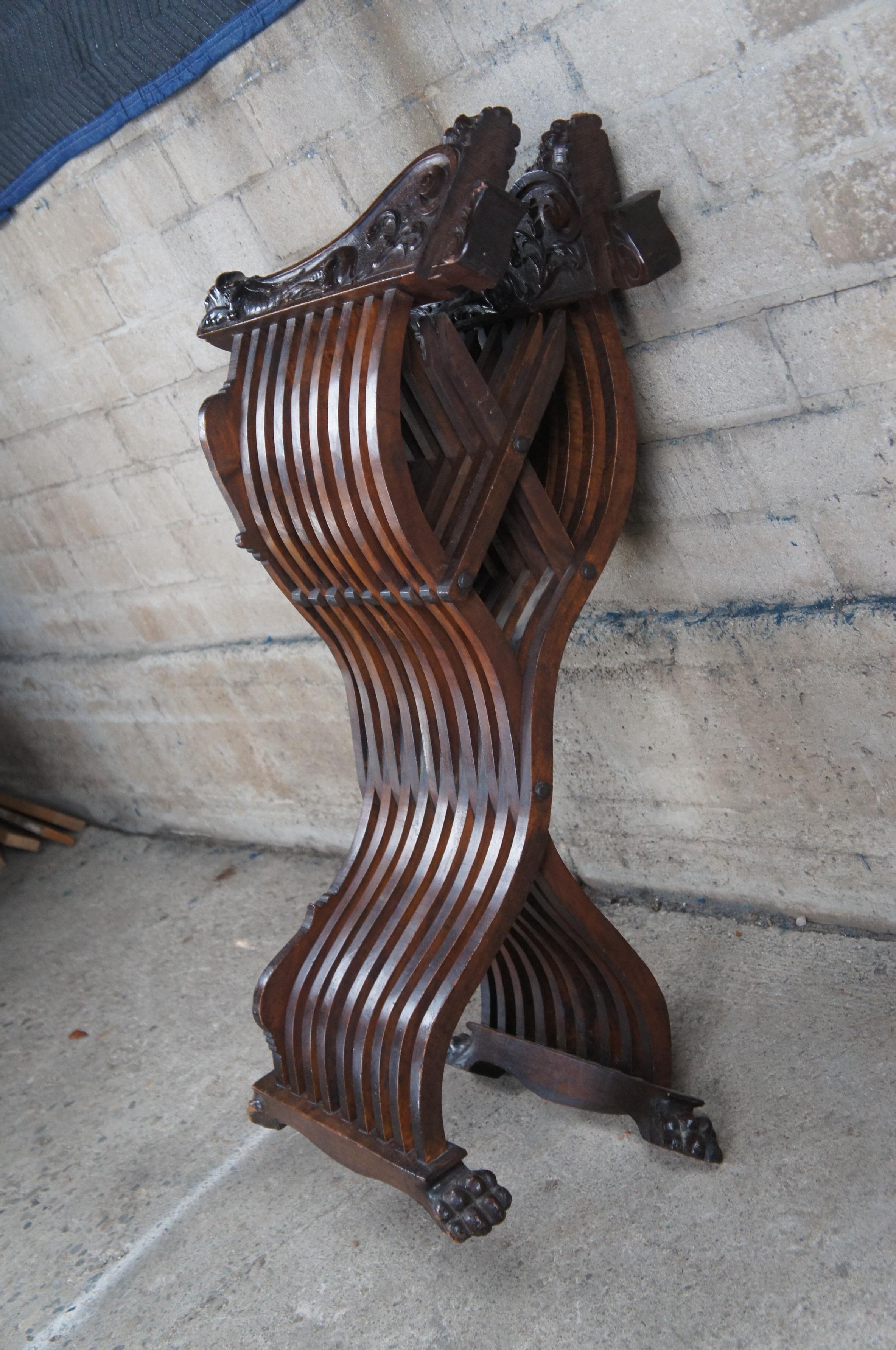 Antique Carved Mahogany Savonarola Folding X Figural Dragon Throne Arm Chair Sea 6