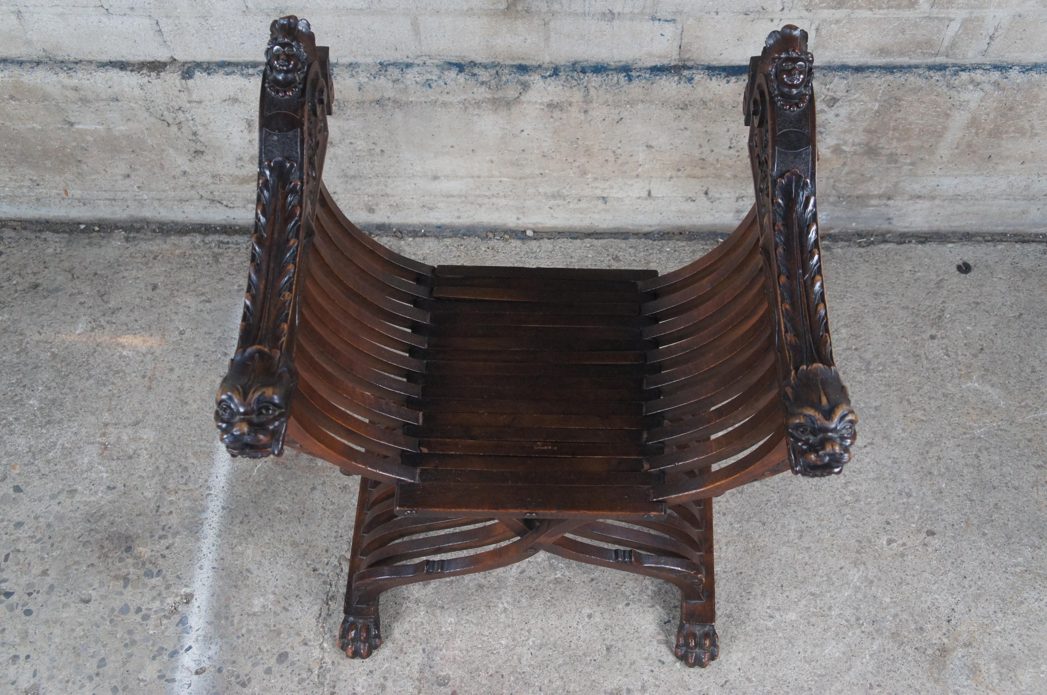 Campaign Antique Carved Mahogany Savonarola Folding X Figural Dragon Throne Arm Chair Sea