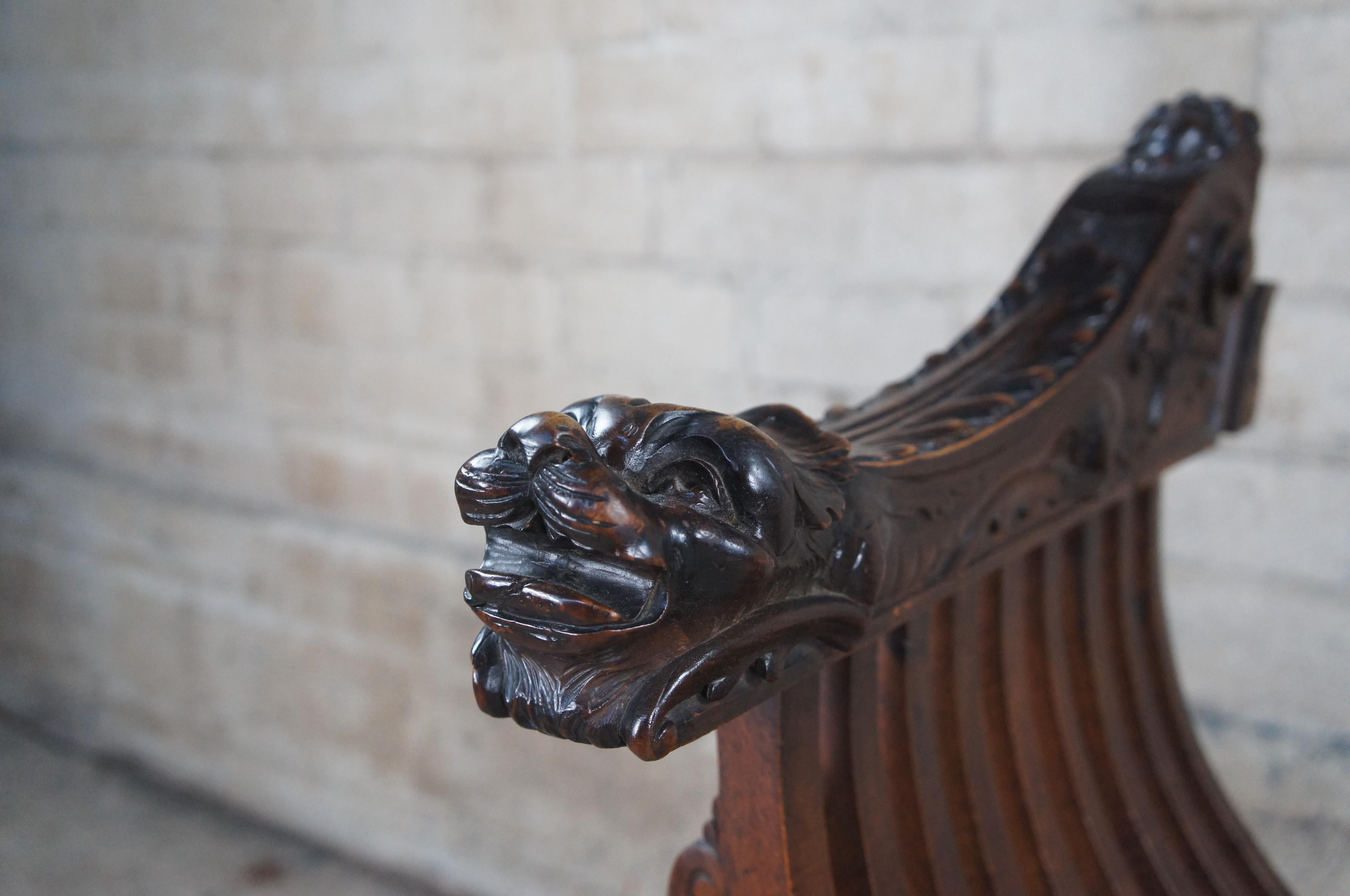 Antique Carved Mahogany Savonarola Folding X Figural Dragon Throne Arm Chair Sea In Good Condition In Dayton, OH
