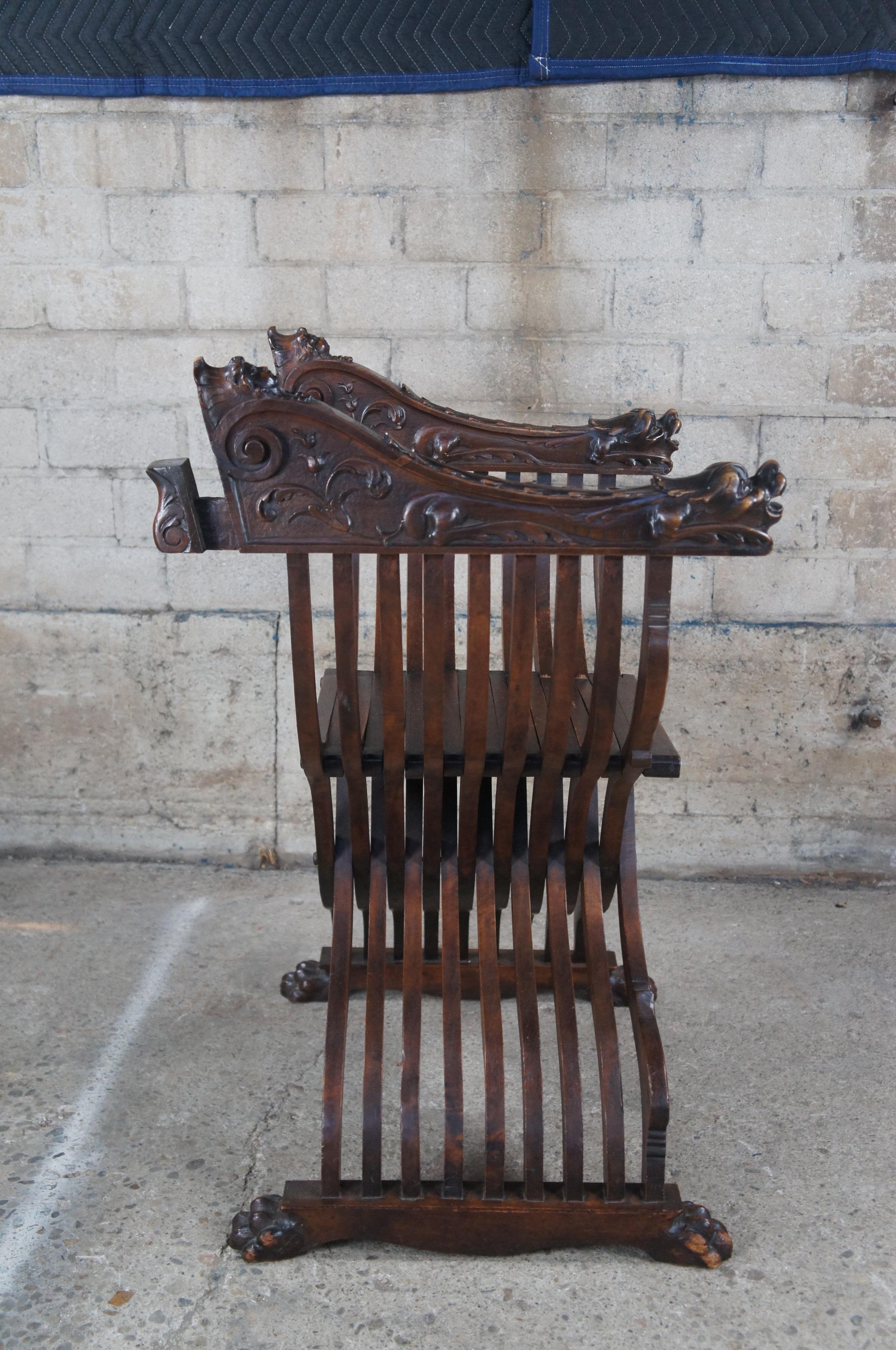 Antique Carved Mahogany Savonarola Folding X Figural Dragon Throne Arm Chair Sea 3