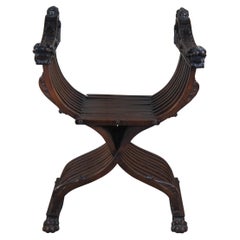 Antique Carved Mahogany Savonarola Folding X Figural Dragon Throne Arm Chair Sea