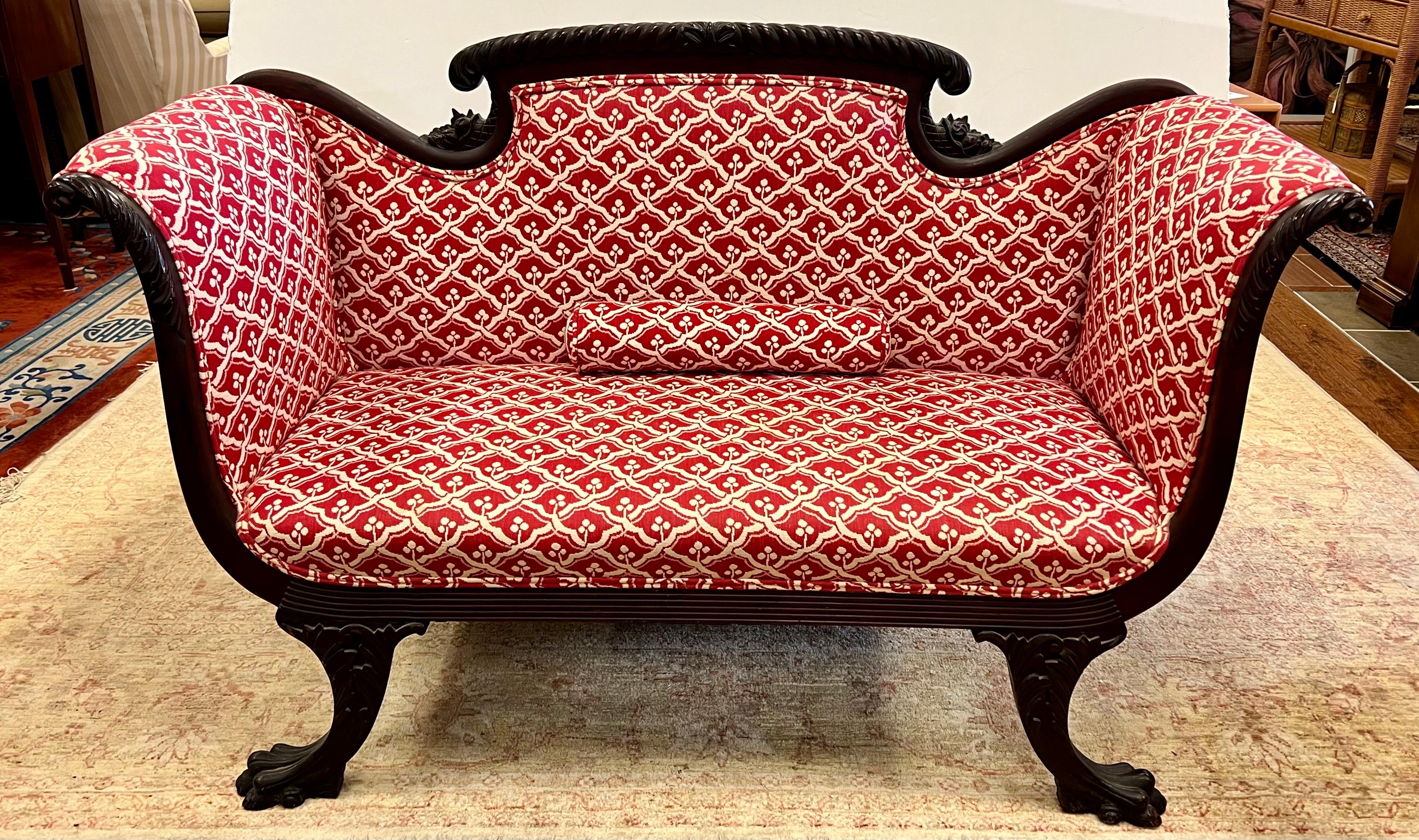 Antique Carved Mahogany Settee Loveseat With Red White Upholstery 4