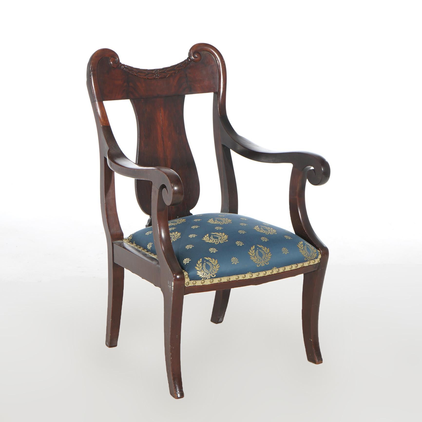 ***Reduced Delivery Rates - See Below or Click “Ask The Seller” to Request a Quote***

Antique Carved Mahogany Slat-Back Gentleman’s Armchair with Scroll-Form Arms & Upholstered Seat 19thC

Measures- 36.25''H x 21.5''W x 23''D; sh 16