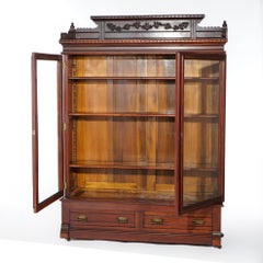 Antique Carved Mahogany Step Back Bookcase with Two Doors Over Two Drawers C1890