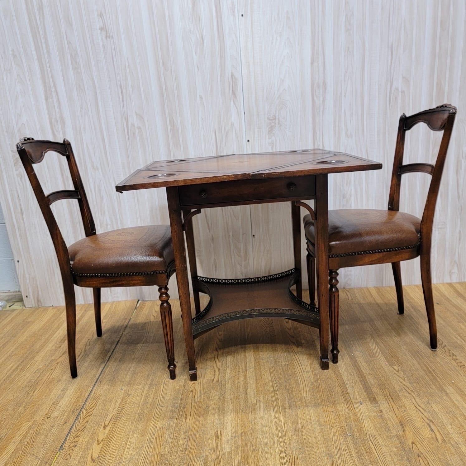 Vintage Theodore Alexander Mahogany Leather Game Table with 2 Chairs For Sale 6