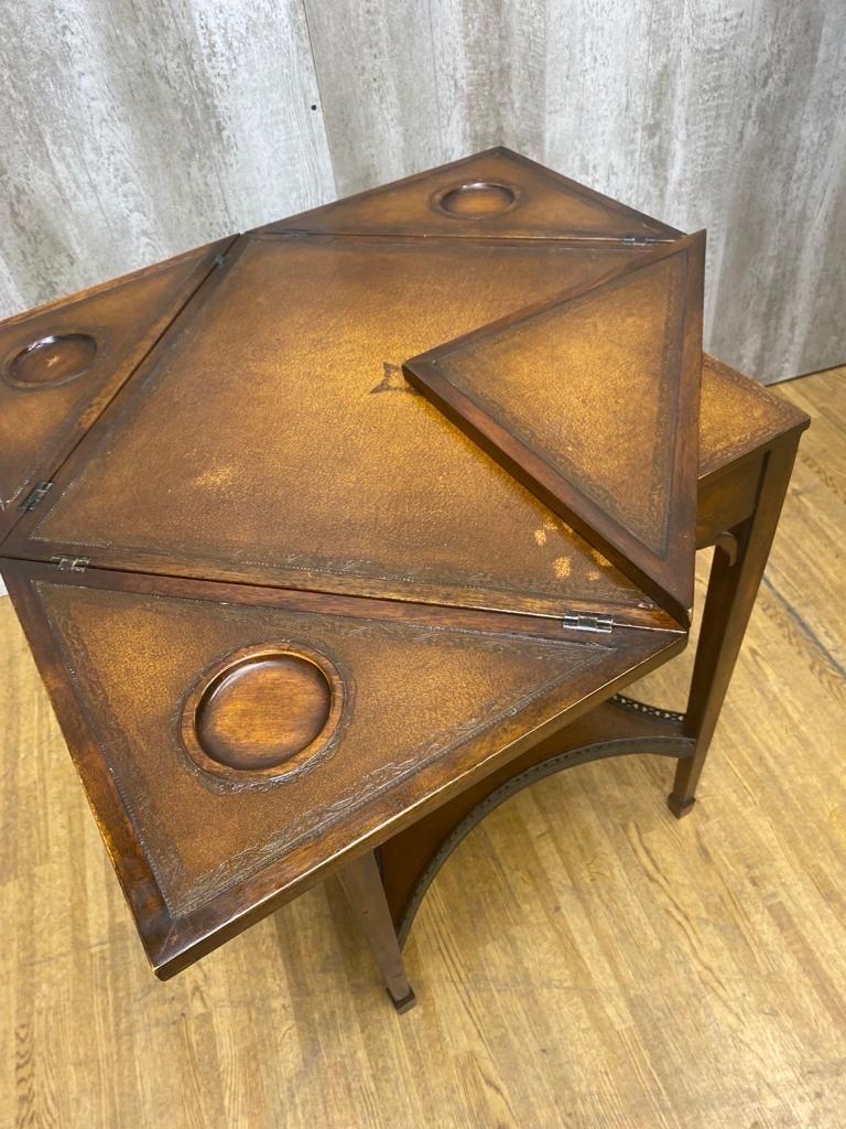 Vintage Theodore Alexander Mahogany Leather Game Table with 2 Chairs In Good Condition For Sale In Chicago, IL