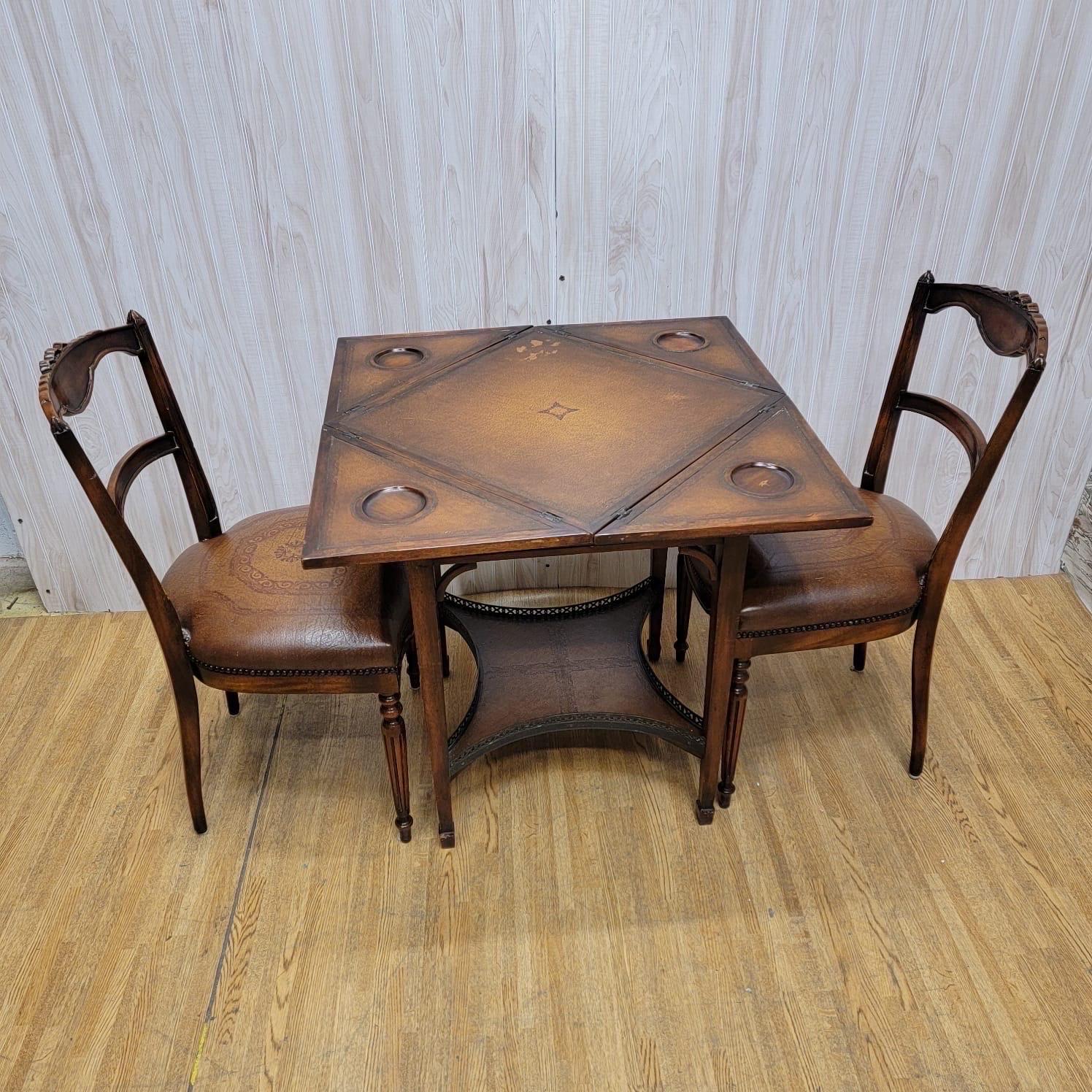 Vintage Theodore Alexander Mahogany Leather Game Table with 2 Chairs For Sale 3