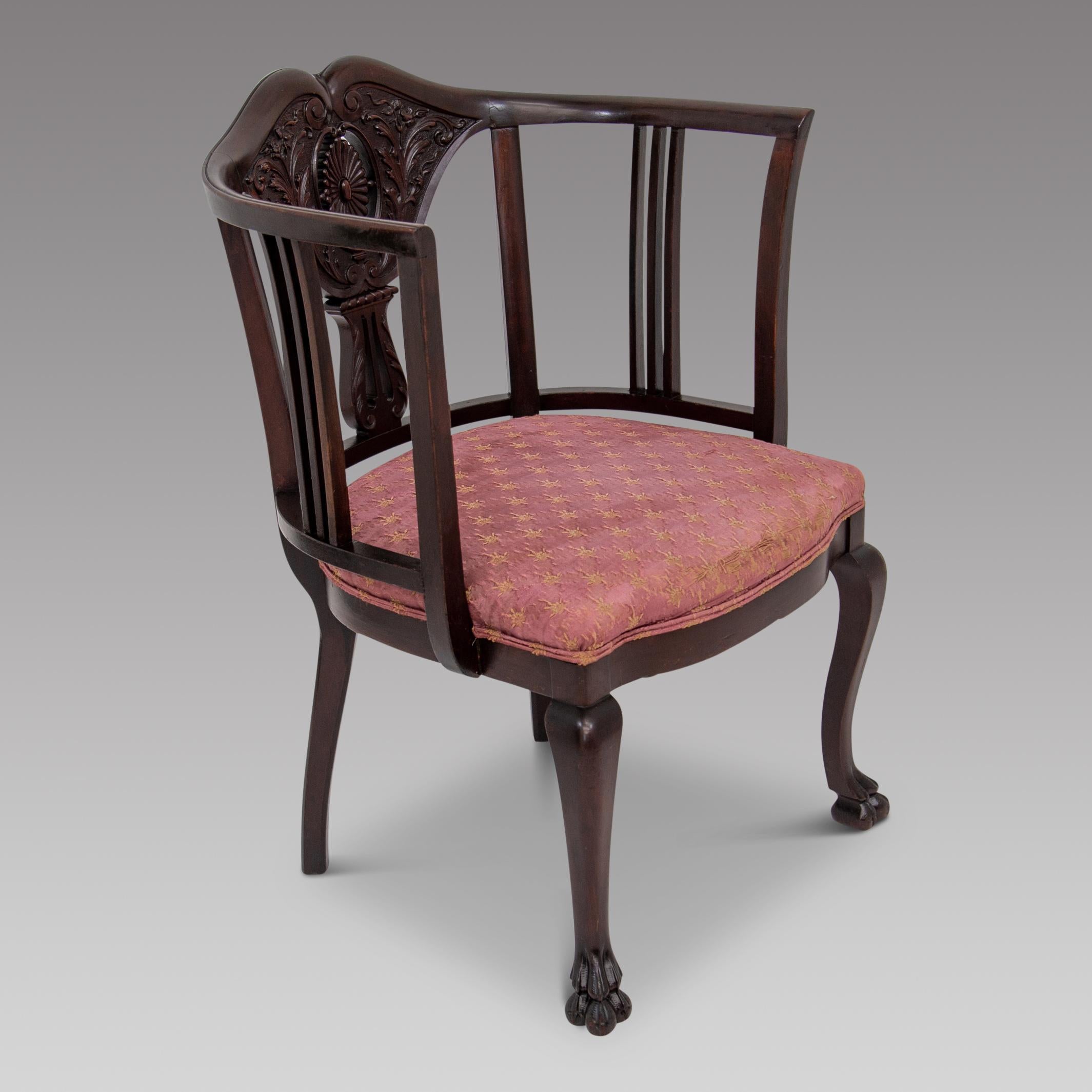 Fabric Antique Carved Mahogany Tub Chair with Paw Feet