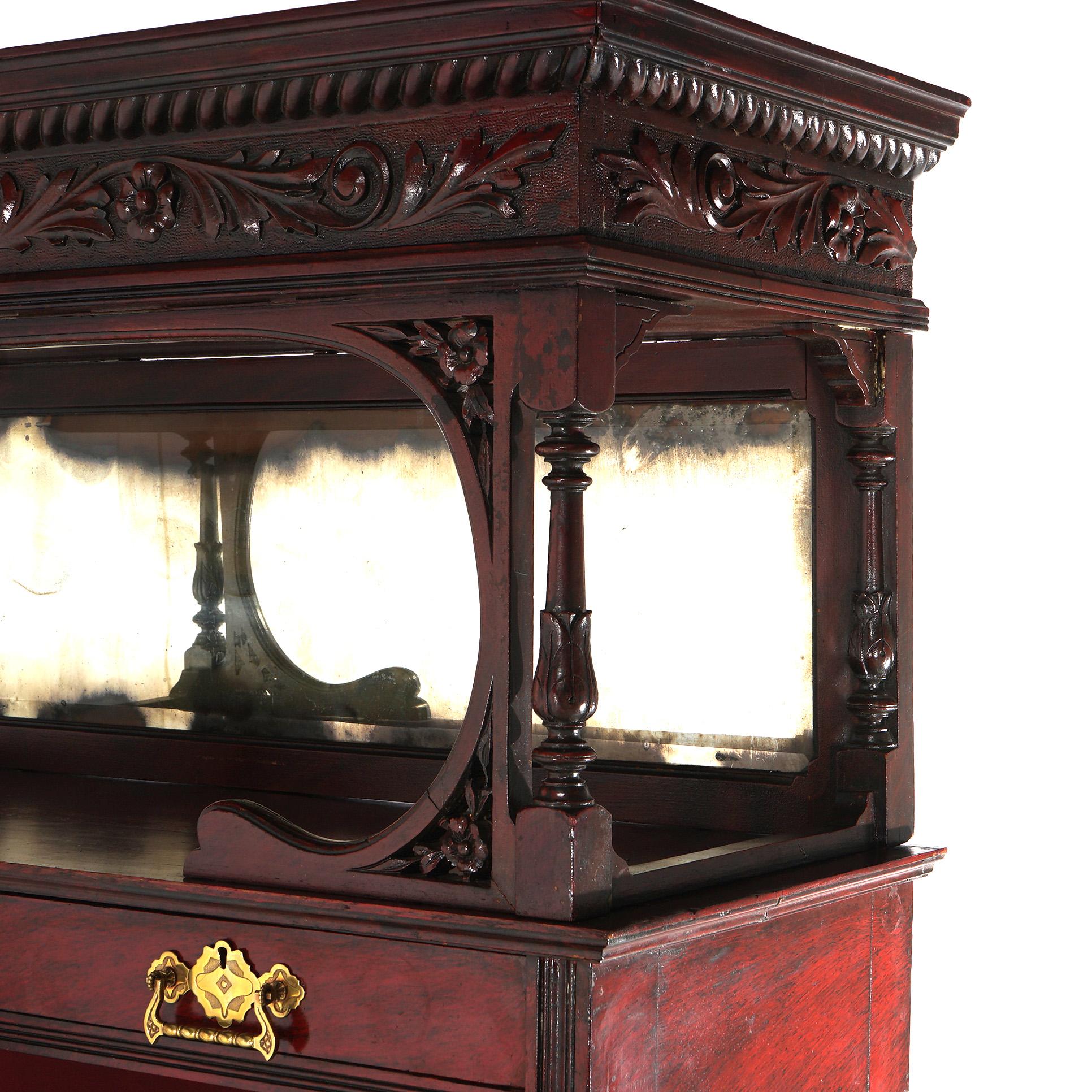 Antique Carved Mahogany Two-Door & Two-Drawer Mirrored China Cabinet C1910 For Sale 6