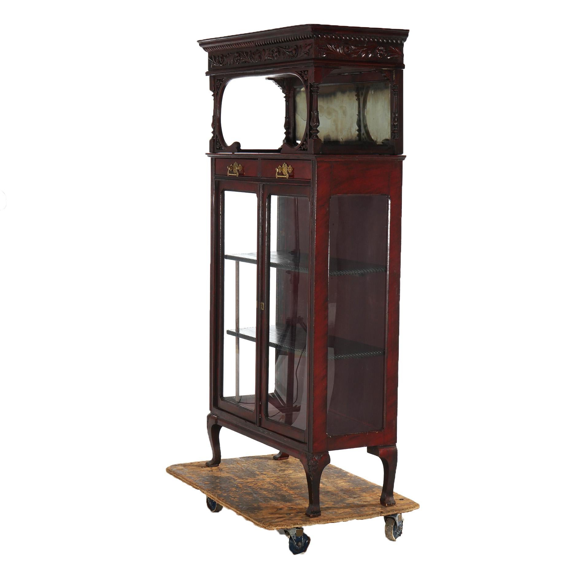 Antique Carved Mahogany Two-Door & Two-Drawer Mirrored China Cabinet C1910 For Sale 8