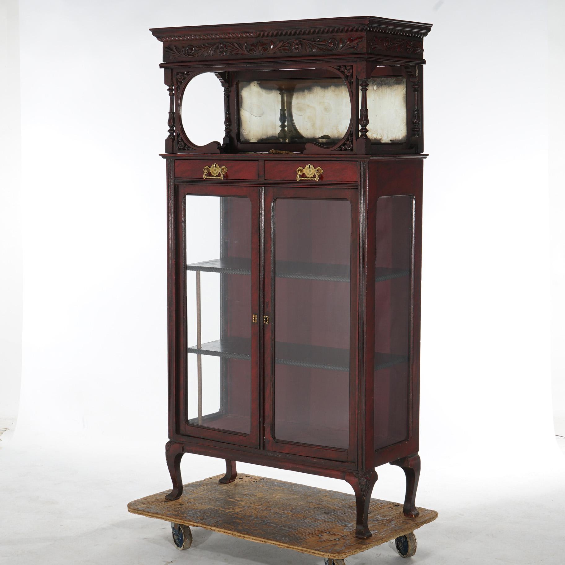 ***Ask About Reduced In-House Delivery Rates - Reliable Professional Service & Fully Insured***

Antique Floral Carved Mahogany Two-Door & Two-Drawer Mirrored China Cabinet with Upper Mirrored Gallery and Lower Glass Cabinet, C1910

Measures -