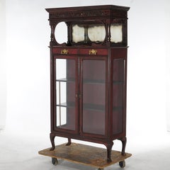 Antique Carved Mahogany Two-Door & Two-Drawer Mirrored China Cabinet C1910