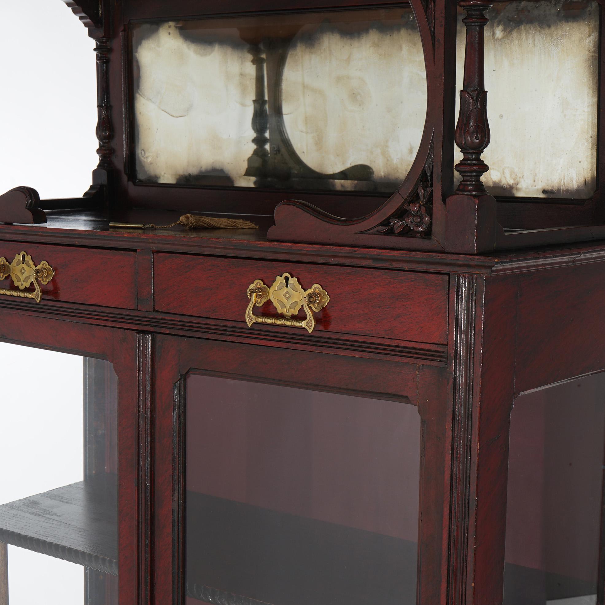 20th Century Antique Carved Mahogany Two-Door & Two-Drawer Mirrored China Cabinet C1910 For Sale