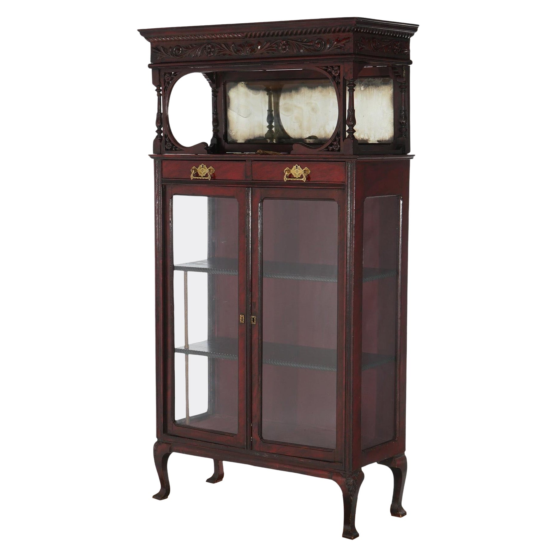 Antique Carved Mahogany Two-Door & Two-Drawer Mirrored China Cabinet C1910 For Sale