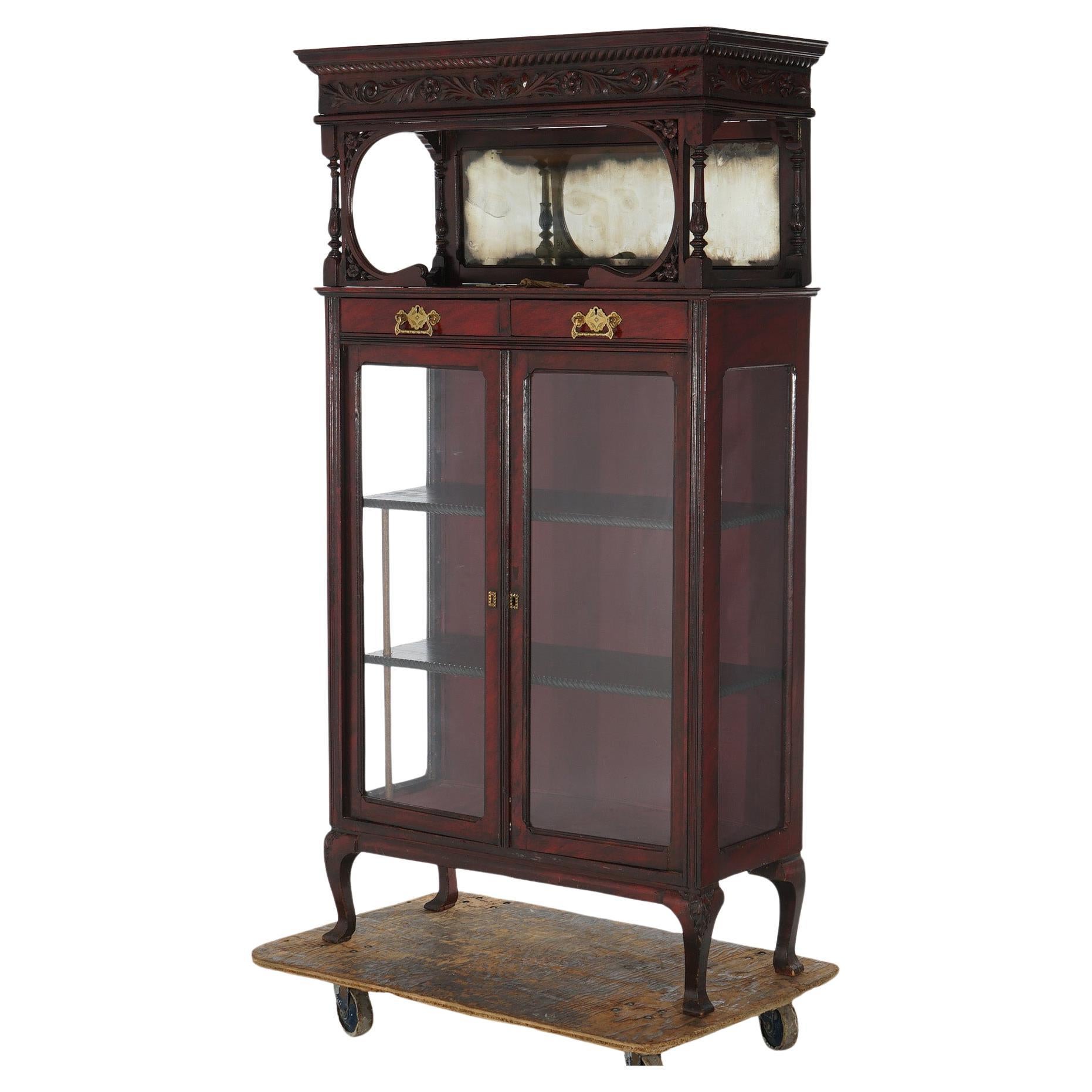 Antique Carved Mahogany Two-Door & Two-Drawer Mirrored China Cabinet C1910 For Sale