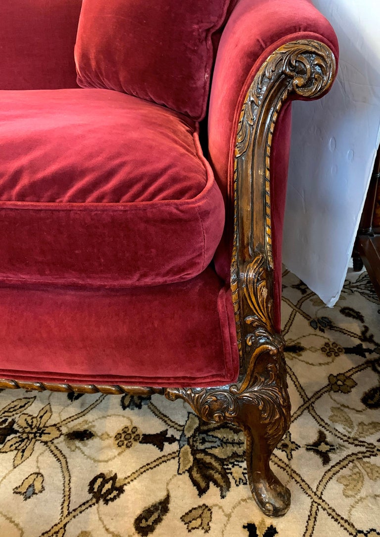 Antique Carved Mahogany Velvet Camelback Camel Back Sofa Settee at
