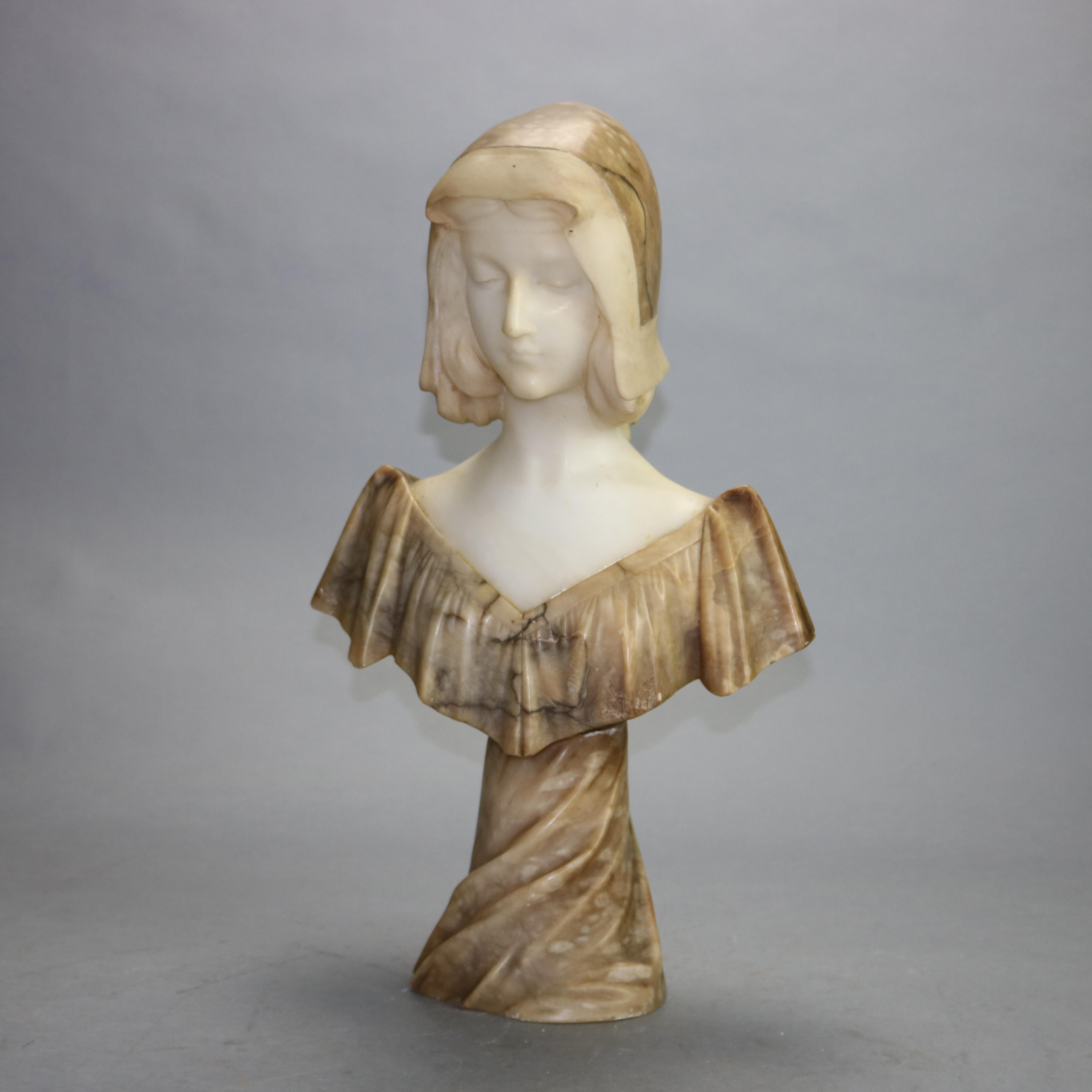 An antique Italian sculpture by A. Gennai (Italy, 19th C) offers carved marble and alabaster two-tone portrait bust of a young woman, en verso artist signed, c1890

Measures - 22.5''H x 13.5''W x 7.75''D.