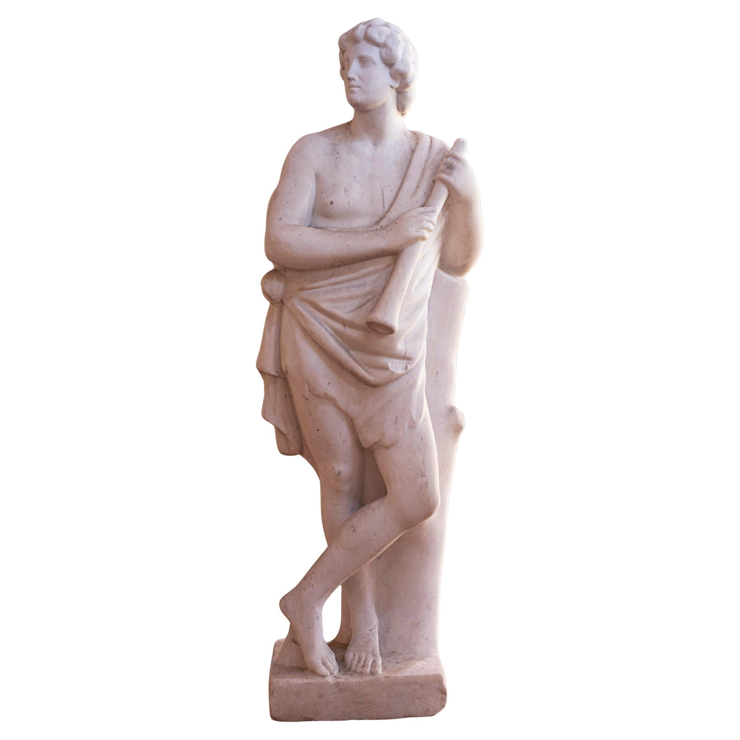 Antique Carved Marble Sculpture of a Male Musician Flutist