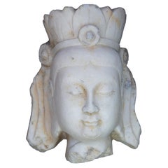 Antique Carved Marble Stone Quan Yin Buddha Head Statue Sculpture