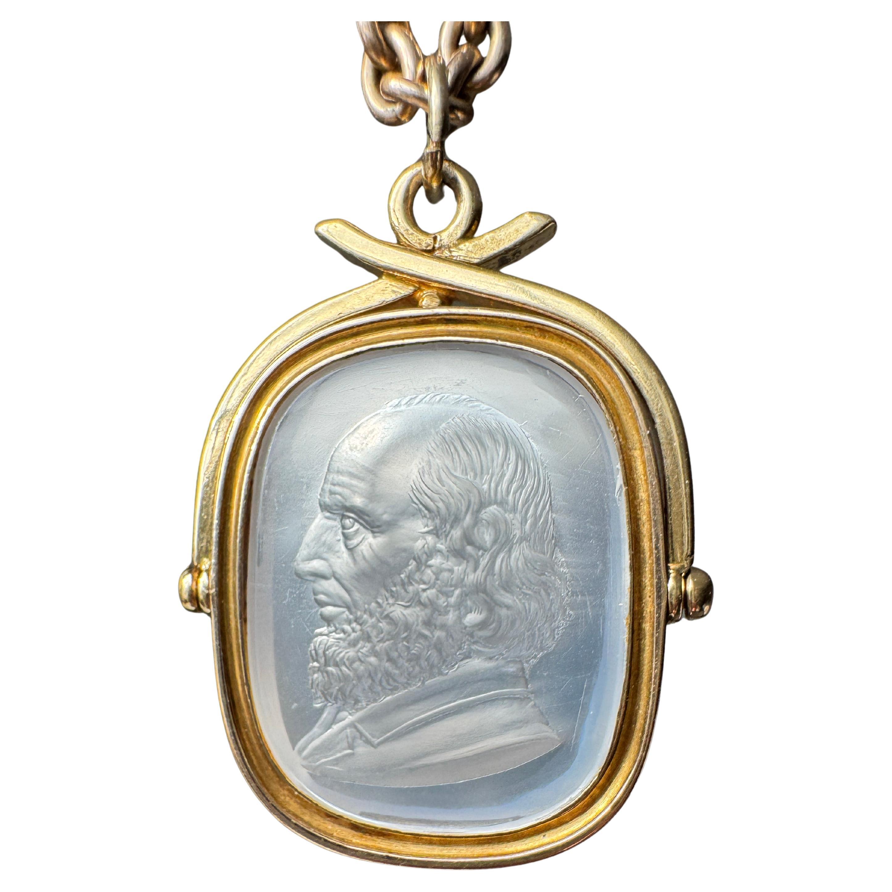 Antique Carved Moonstone Intaglio Spinner Fob Pendant of Shakespeare