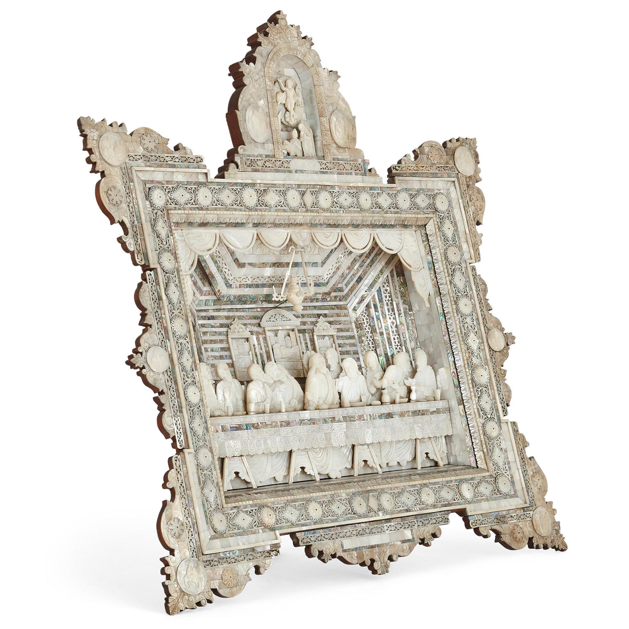 Antique carved mother of pearl and abalone last supper from Jerusalem
Jerusalem, late 19th century
Measures: Height 79cm, width 74cm, depth 20cm

This beautiful object is an icon depicting the last supper, crafted from mother of pearl and