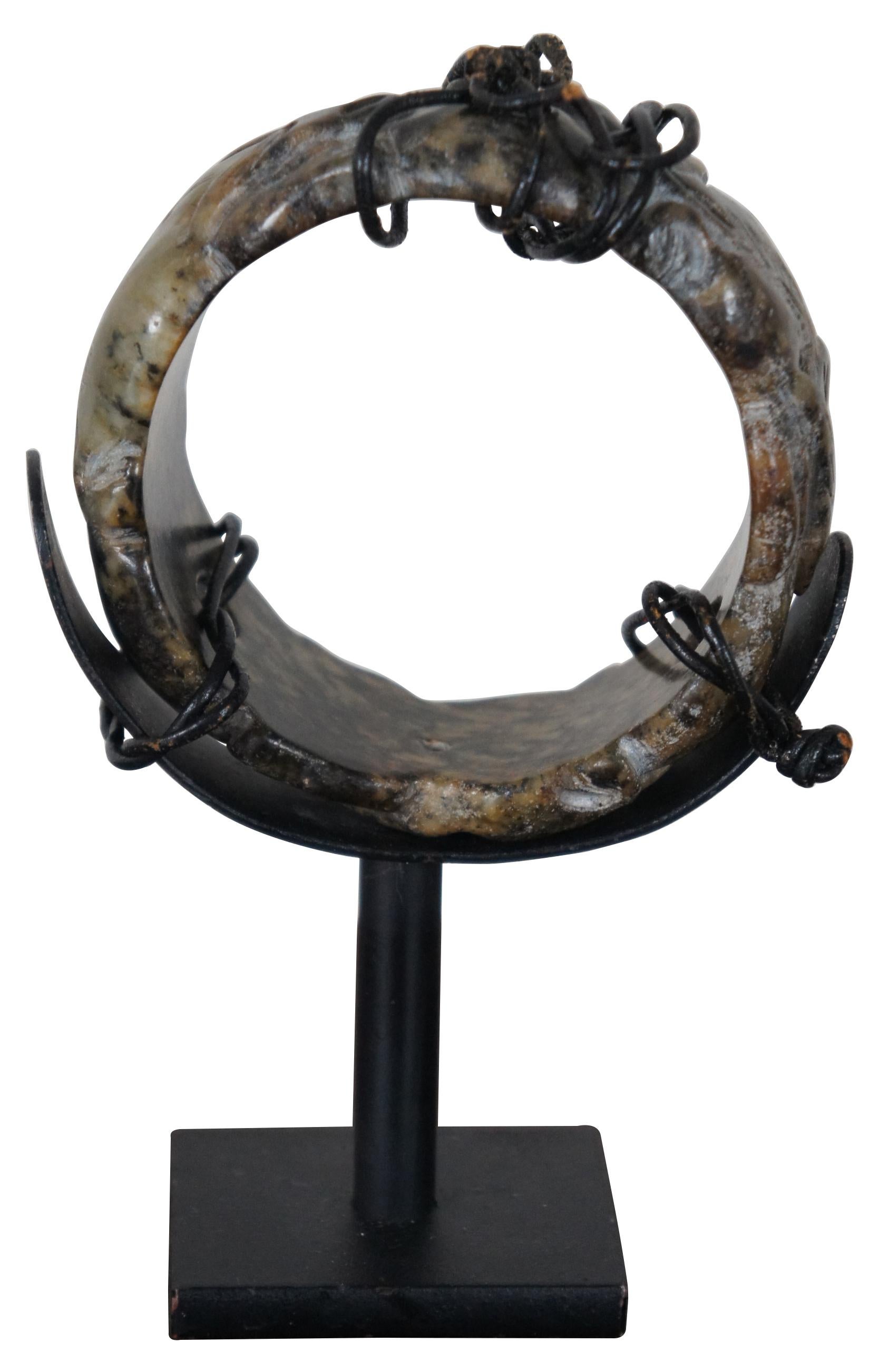 Chinoiserie Antique Carved Nephrite Hetian Jade Stone Bangle Bracelet & Display Stand